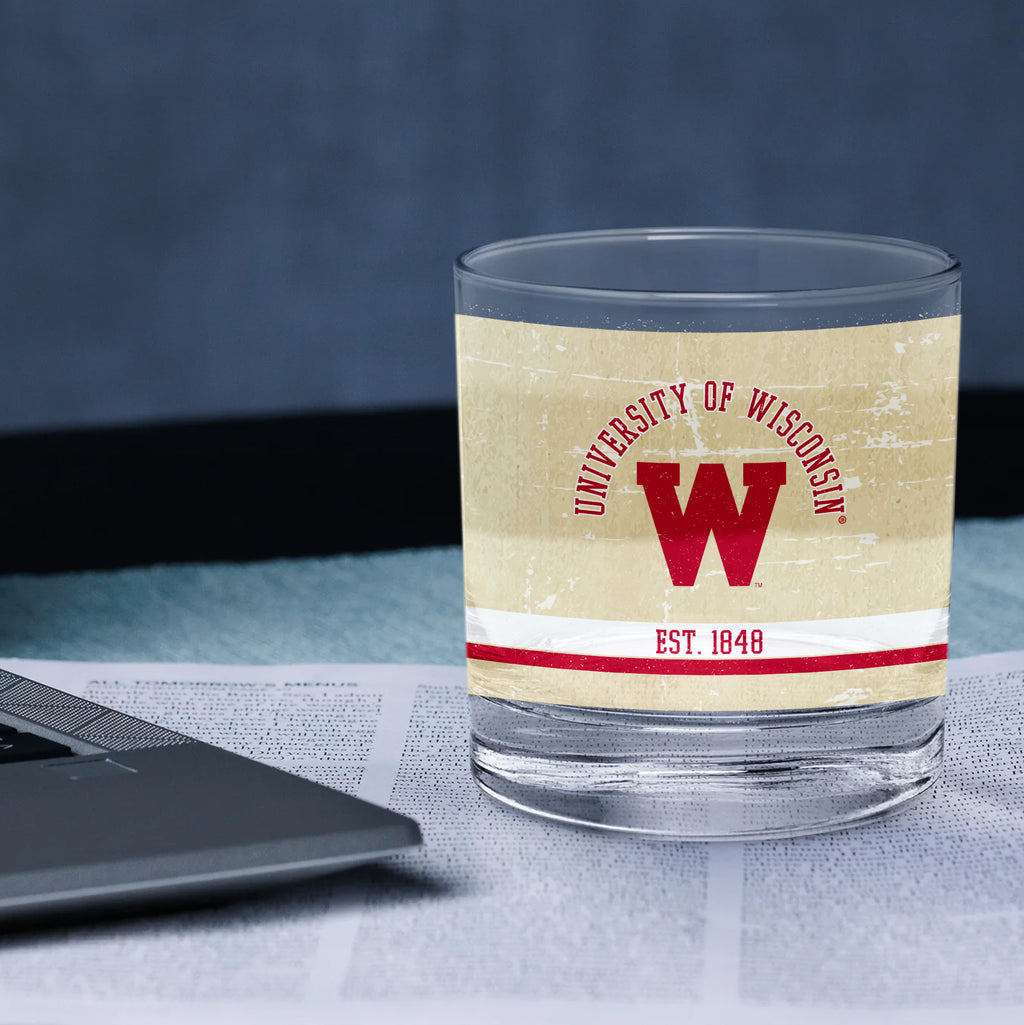 Set of 4 Wisconsin Badgers College Vault Tan Retro 14oz Rocks Glasses
