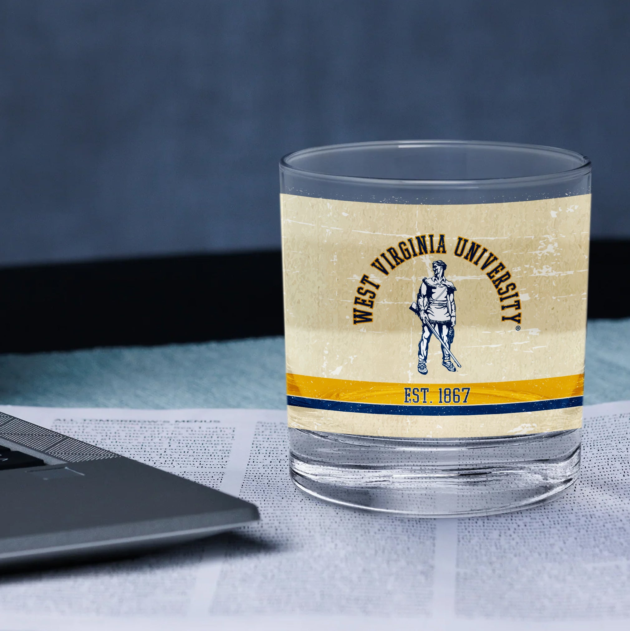 West Virginia Mountaineers Set of 2 College Vault Tan Retro 14oz Rocks Glasses