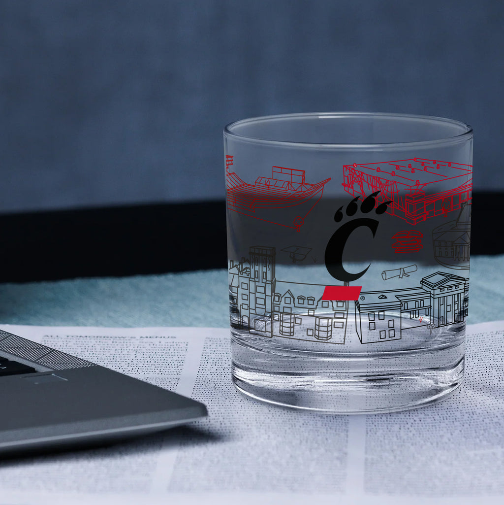 Set of 2 Cincinnati Bearcats Campus Line Art 14oz Rocks Glasses