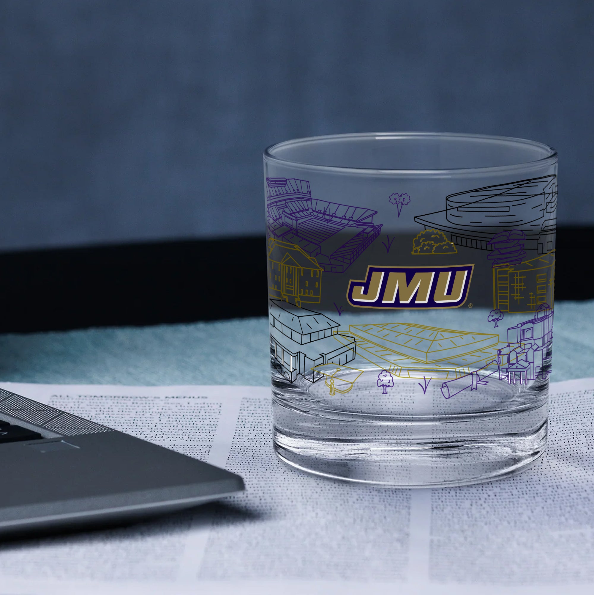 Set of 2 James Madison Dukes Campus Line Art 14oz Rocks Glasses
