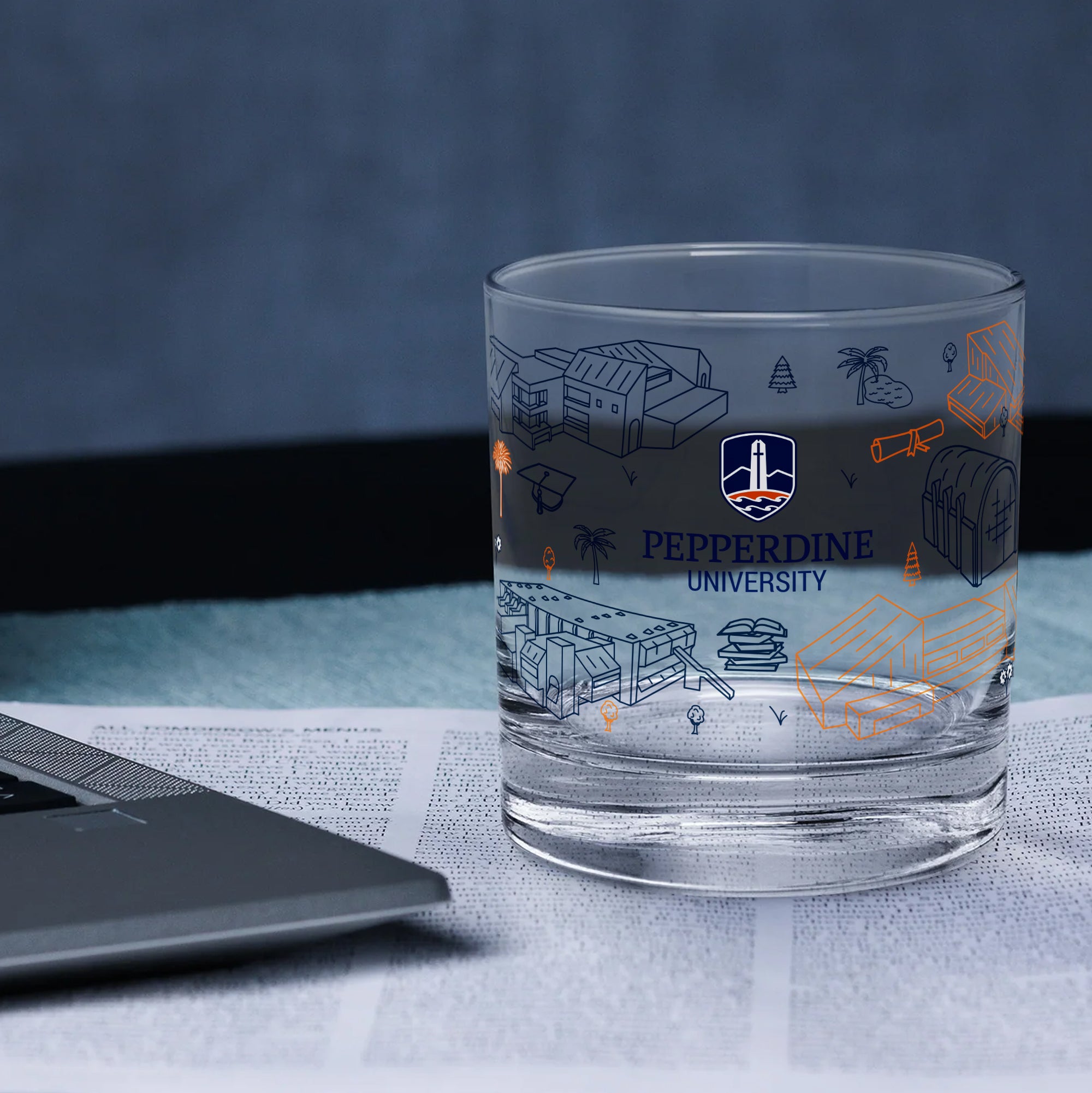 Set of 2 Pepperdine Waves Campus Line Art 14oz Rocks Glasses