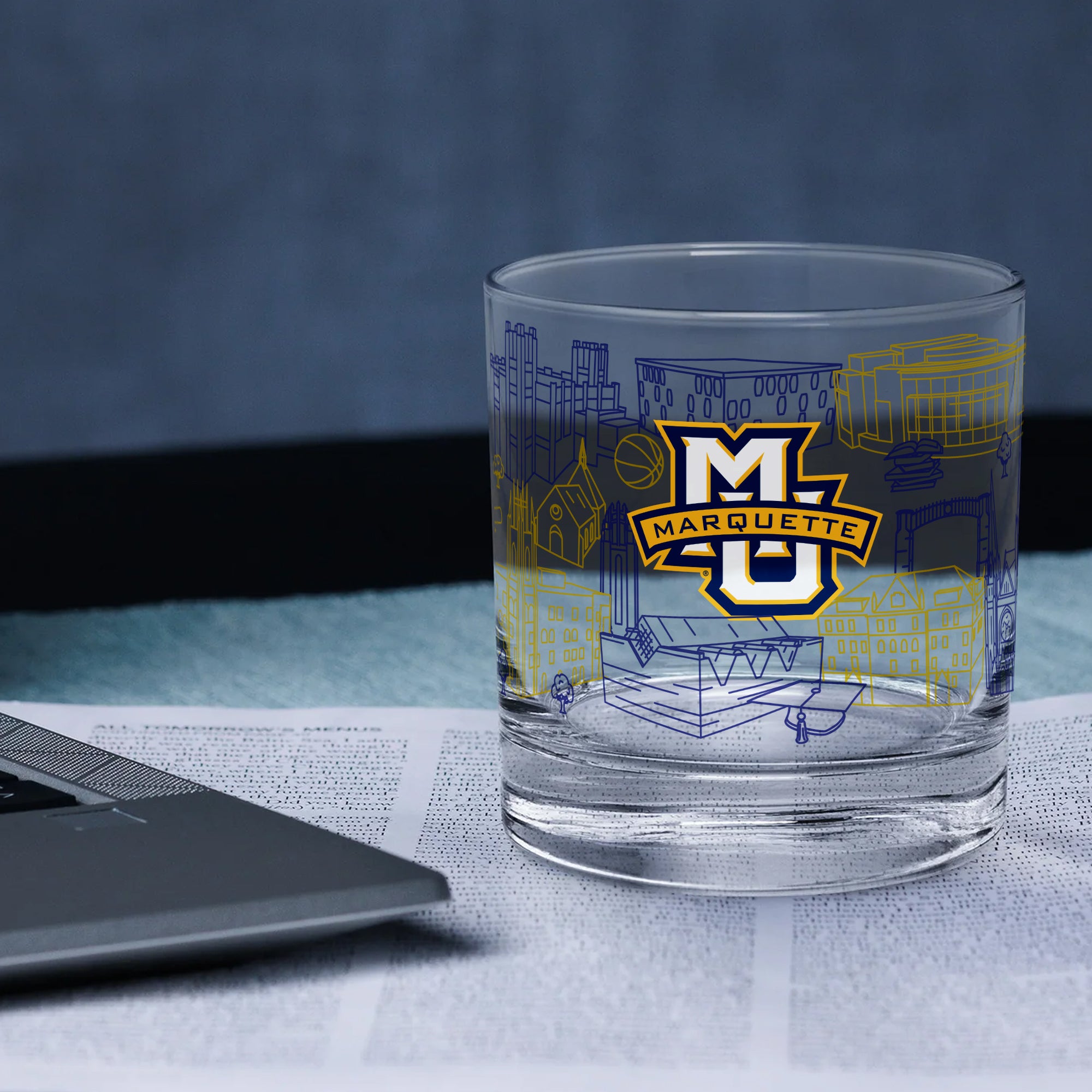 Set of 2 Marquette Golden Eagles Campus Line Art 14oz Rocks Glasses
