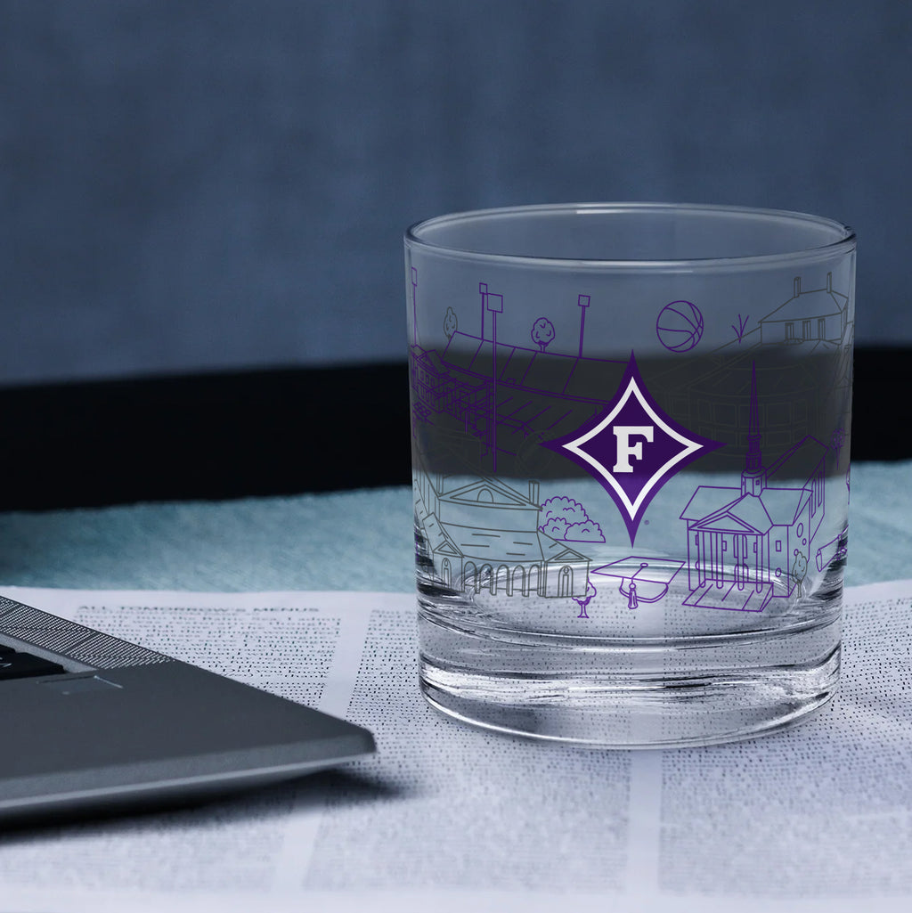 Set of 2 Furman Paladins Campus Line Art 14oz Rocks Glasses