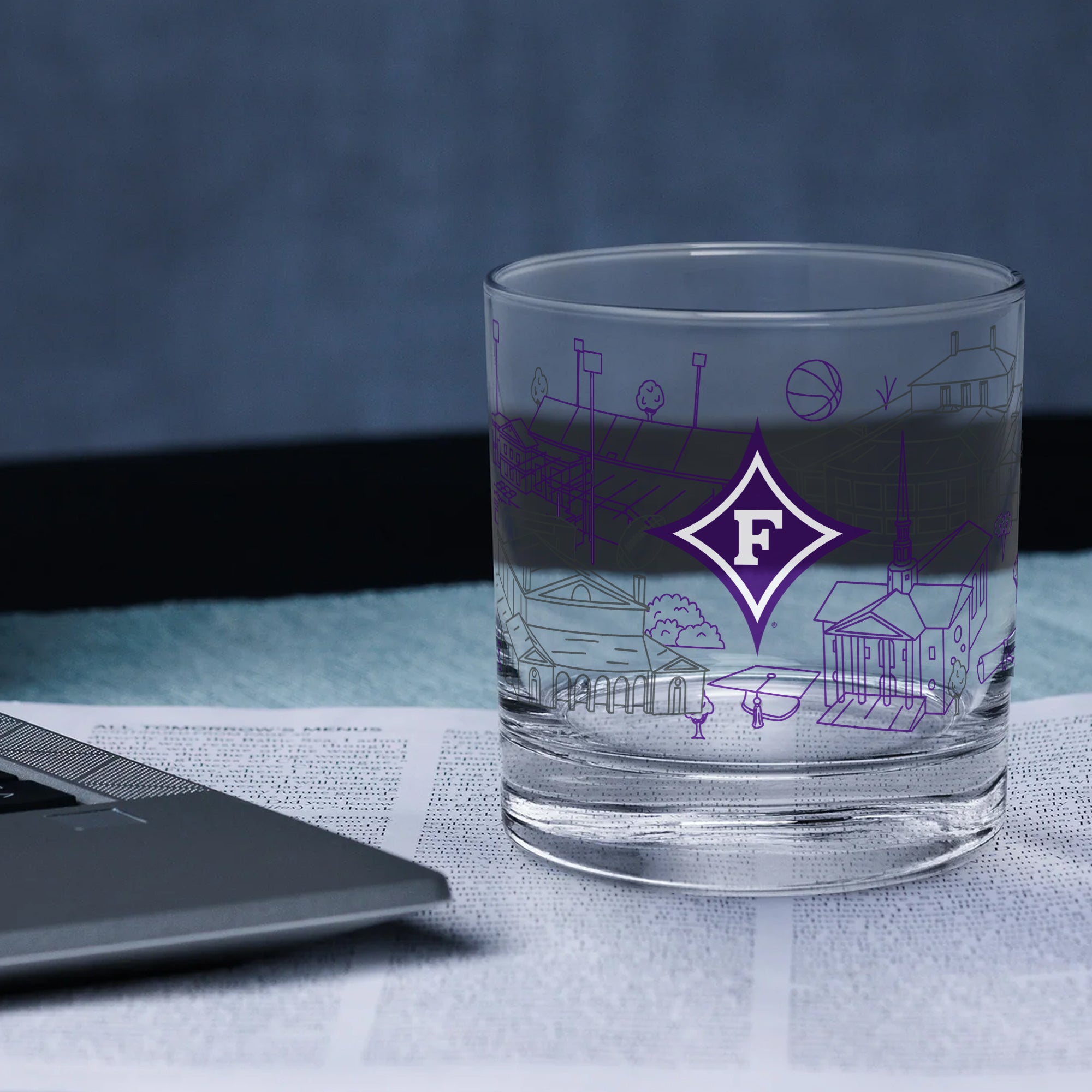 Set of 2 Furman Paladins Campus Line Art 14oz Rocks Glasses