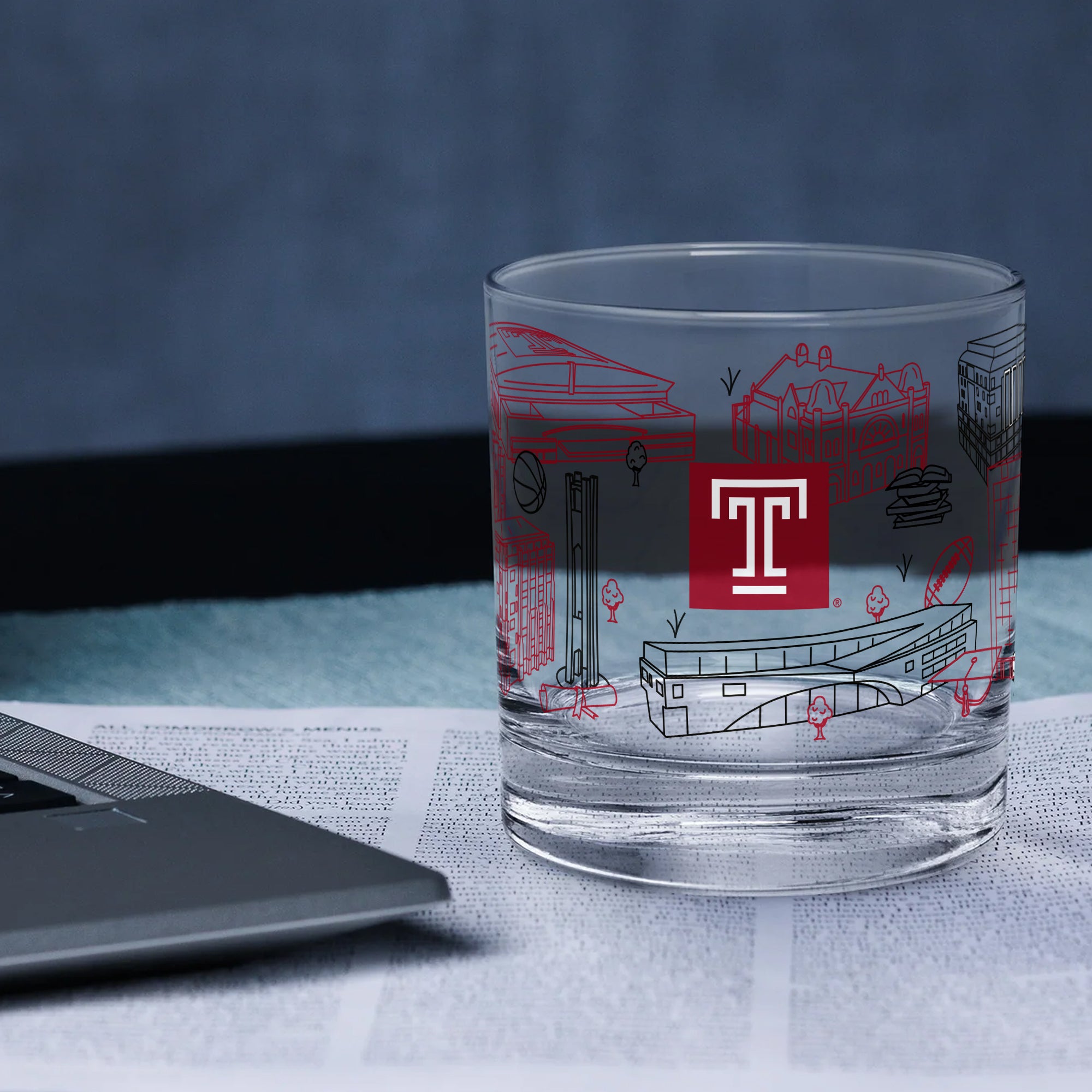 Set of 2 Temple Owls Campus Line Art 14oz Rocks Glasses
