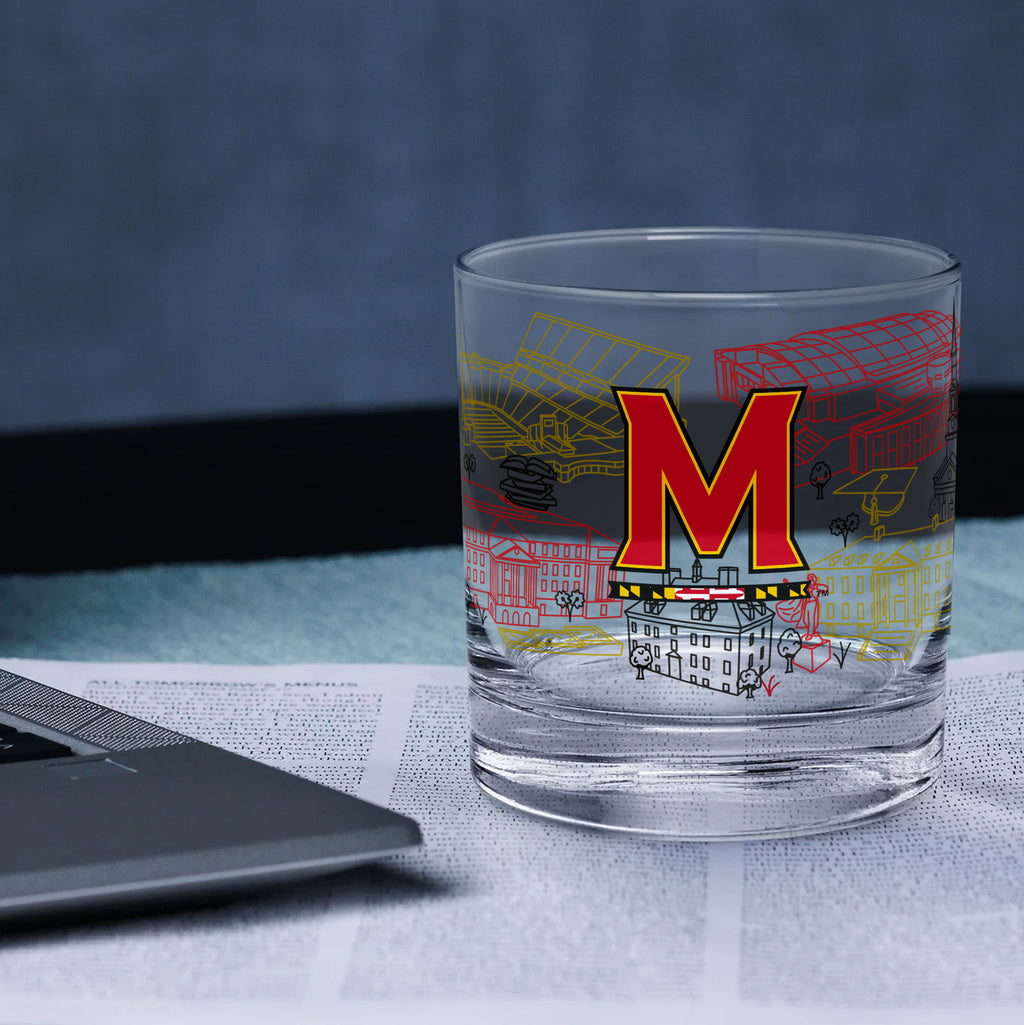 Set of 2 Maryland Terrapins Campus Line Art 14oz Rocks Glasses