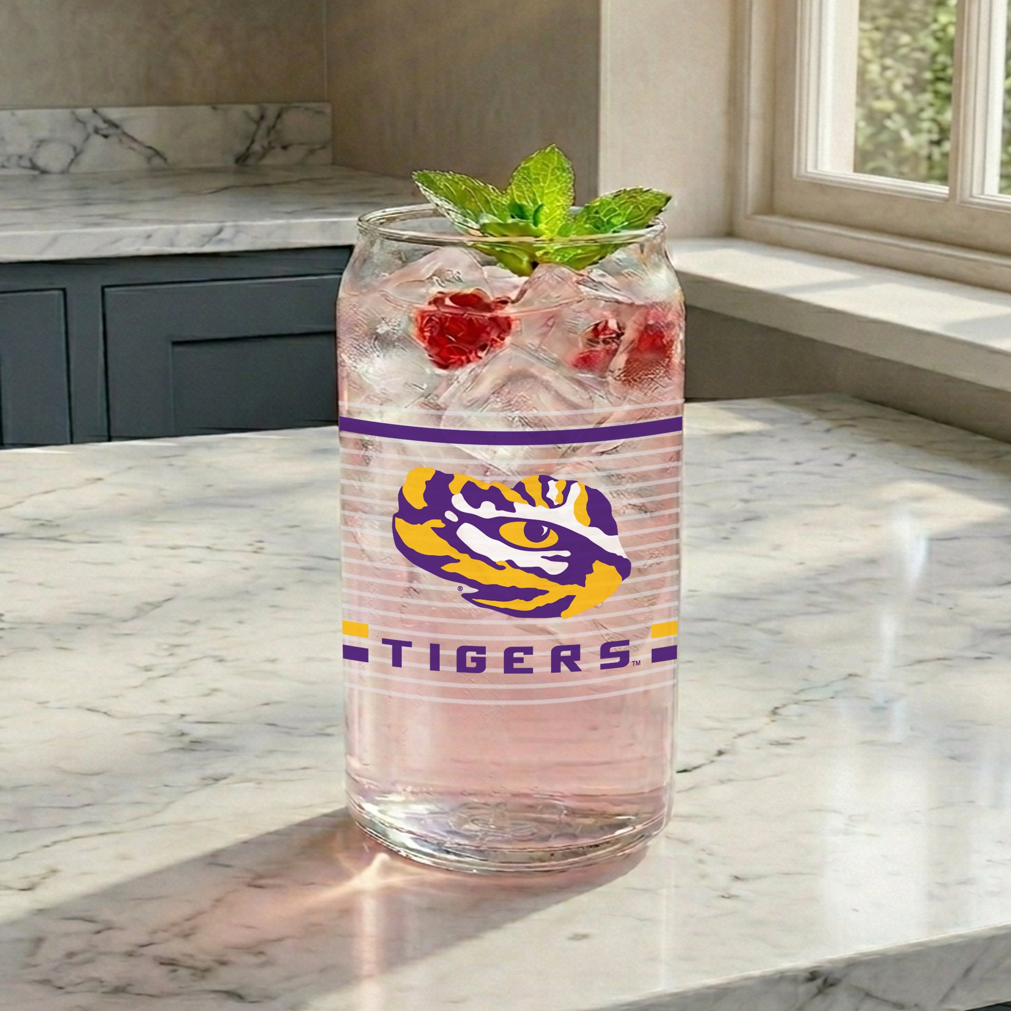 Set of 2 LSU Tigers 16oz XD Ring Can Glasses