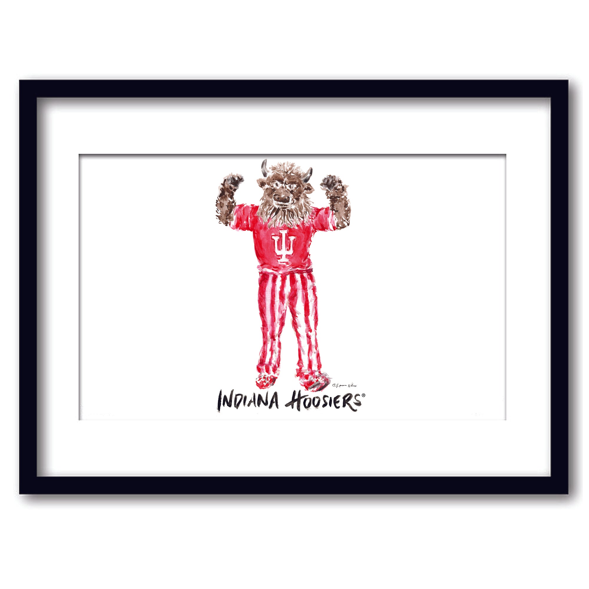 Indiana Hoosiers Mascot by Laura Wilcox, Framed Watercolor Wall Art 11" x 14"