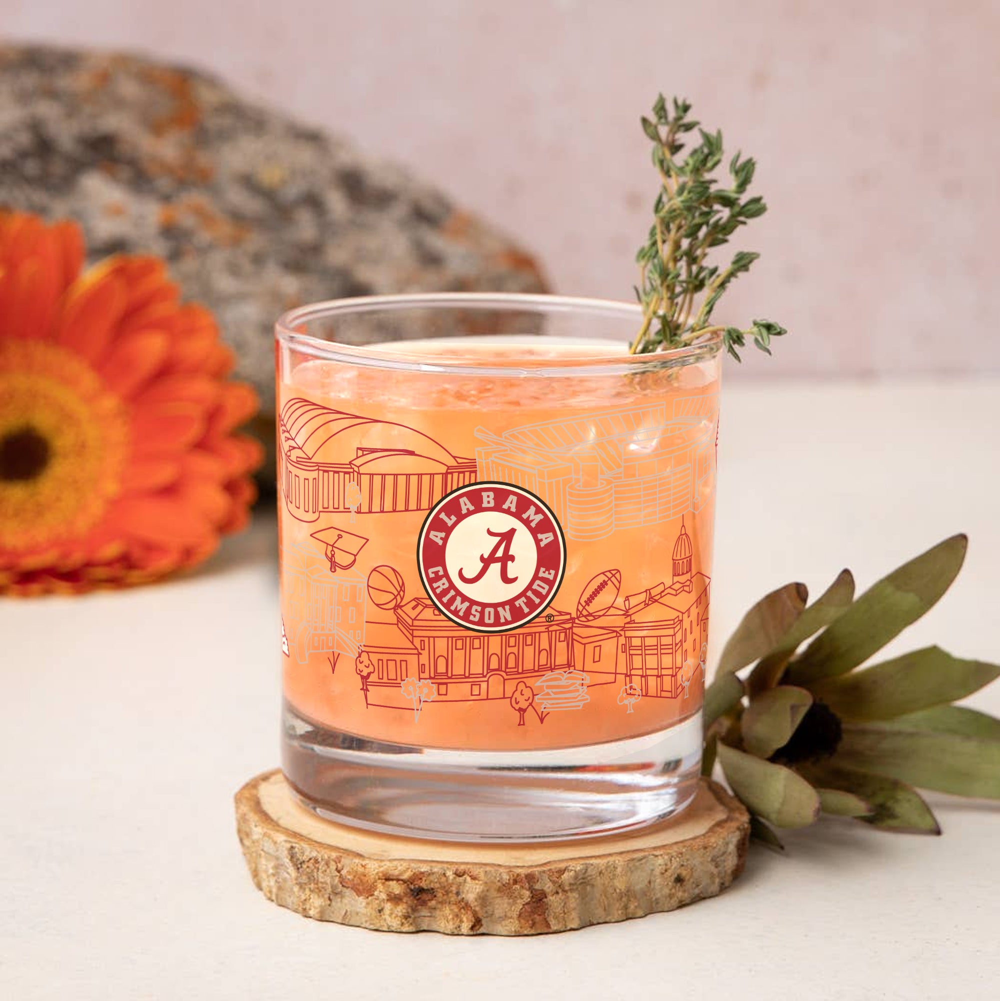 Set of 4 Alabama Crimson Tide Campus Line Art 14oz Rocks Glasses