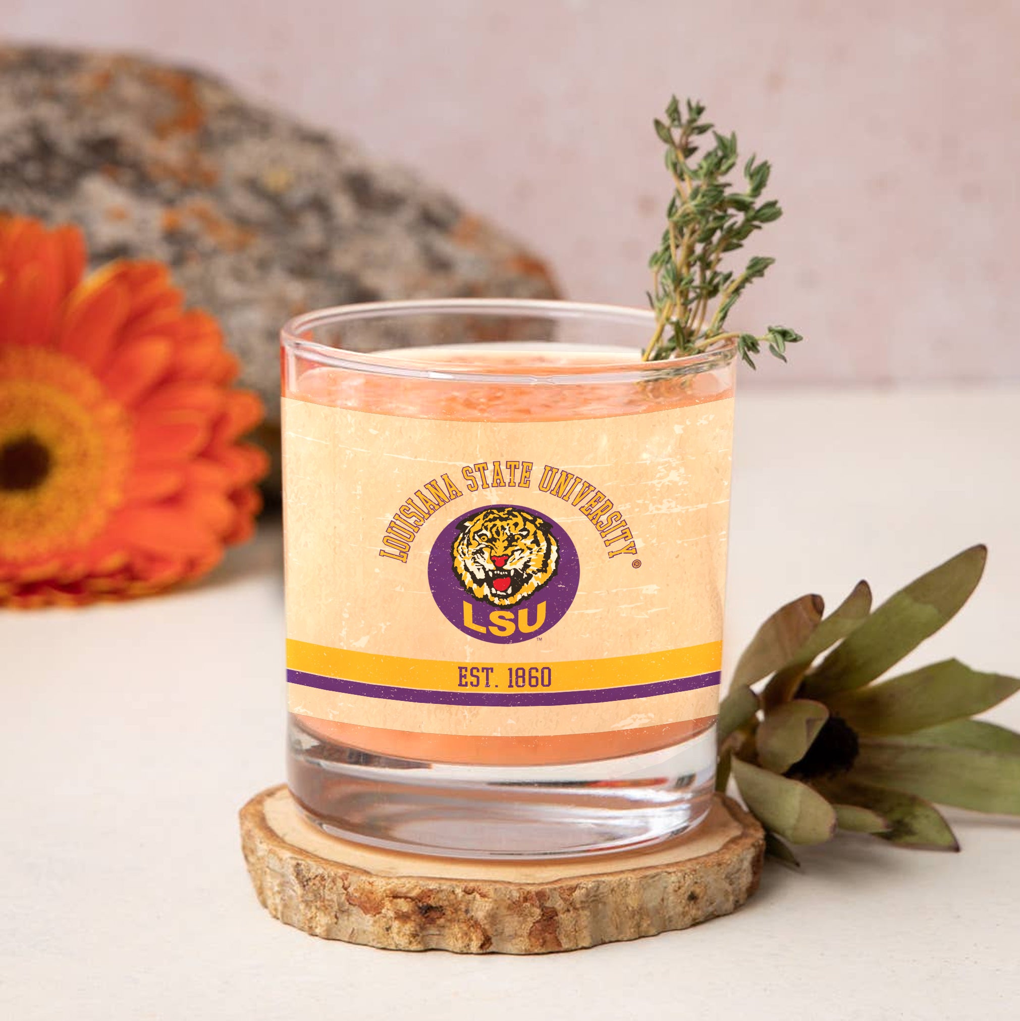 LSU Set of 2 College Vault Tan Retro 14oz Rocks Glasses