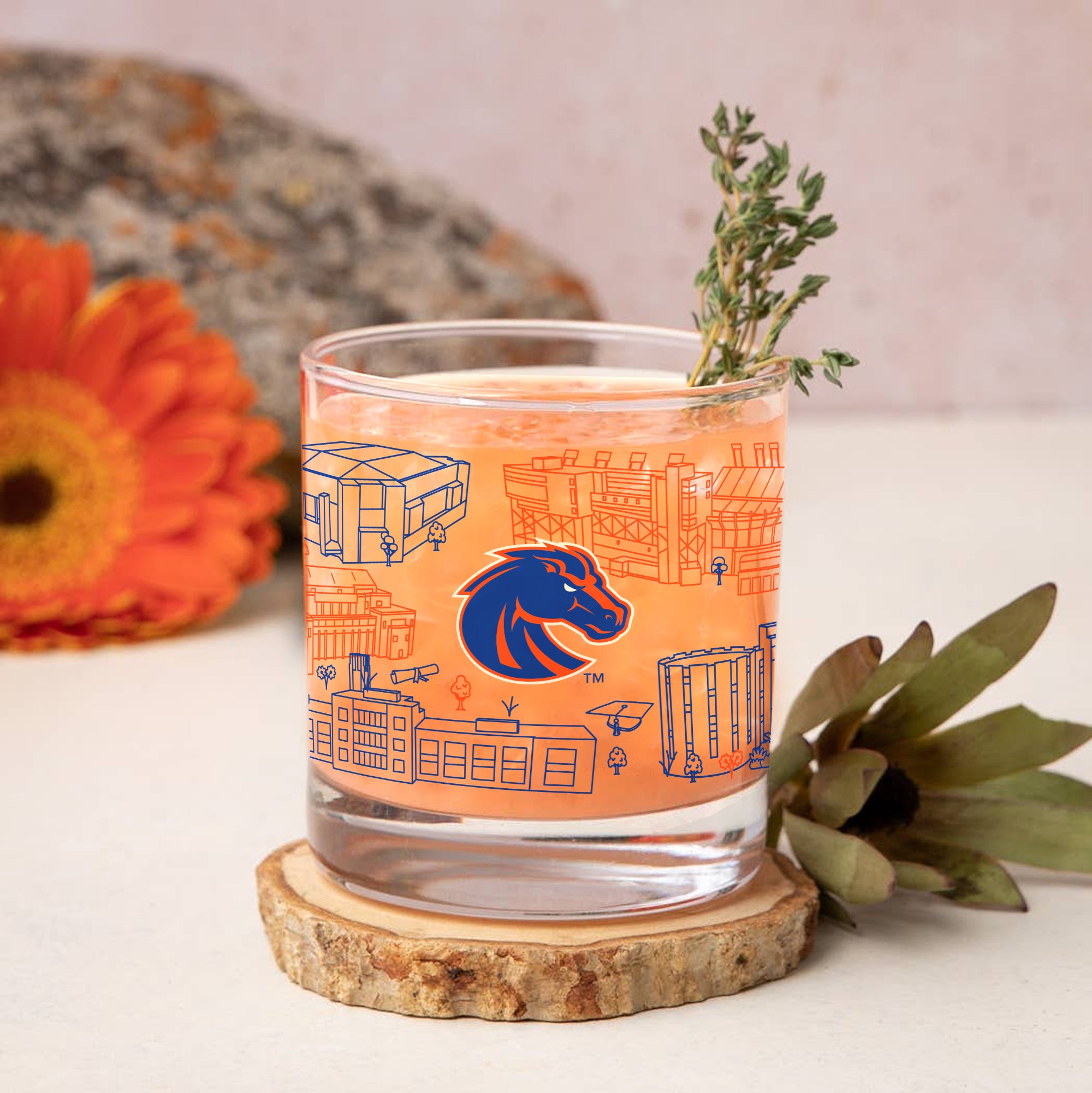 Set of 2 Boise State Broncos Campus Line Art 14oz Rocks Glasses