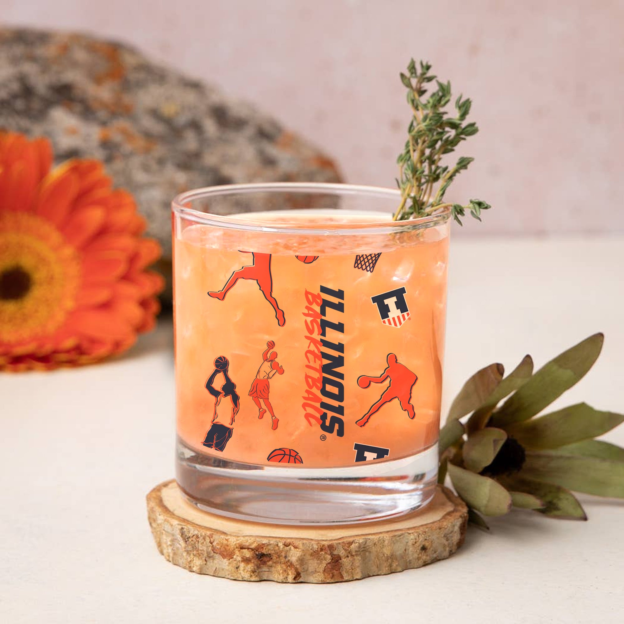 Set of 2 Illinois Fighting Illini Basketball Sketch 14oz Rocks Glasses