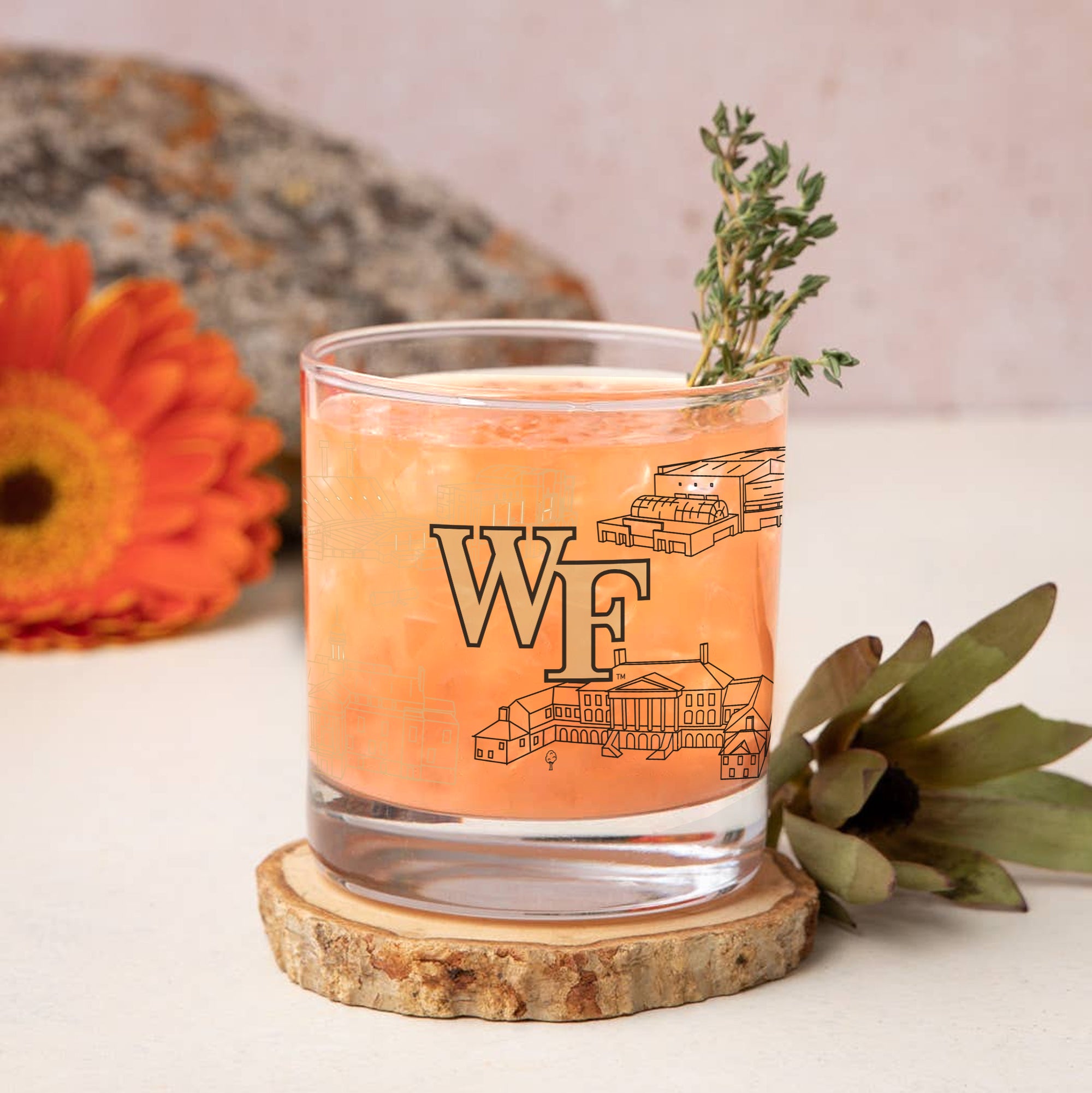 Set of 2 Wake Forest Demon Deacons Campus Line Art 14oz Rocks Glasses