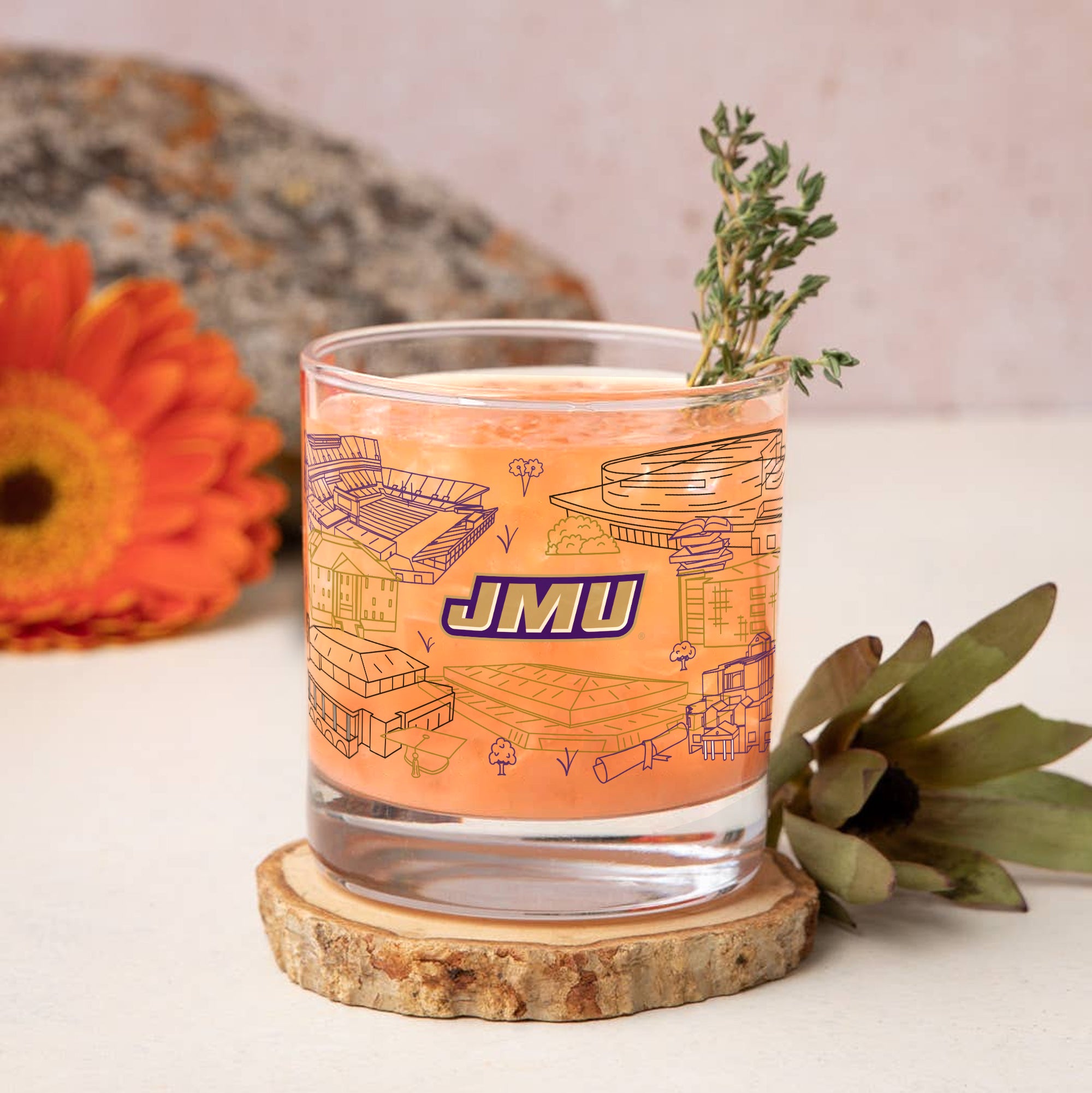 Set of 2 James Madison Dukes Campus Line Art 14oz Rocks Glasses