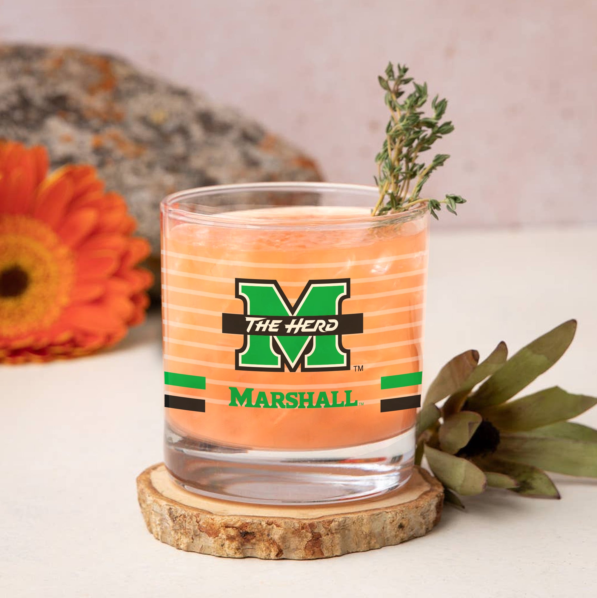 Set of 2 Marshall Thundering Herd 14oz Ring Rocks Glasses