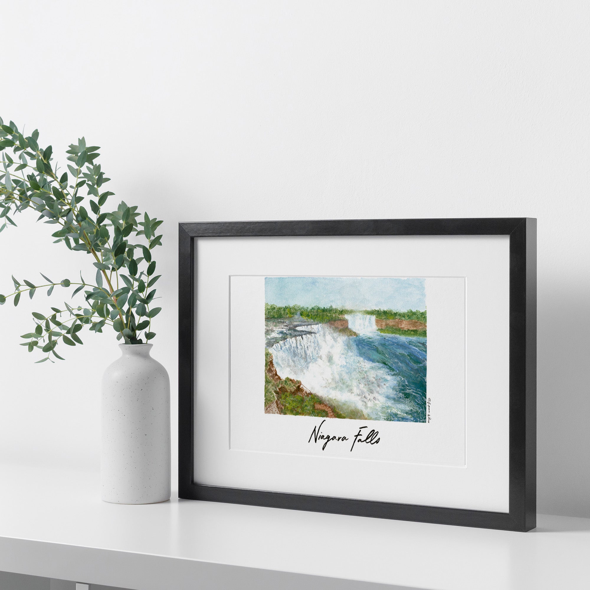 Niagara Falls National Park, Framed Watercolor Wall Art 16" x 20" by Laura Wilcox
