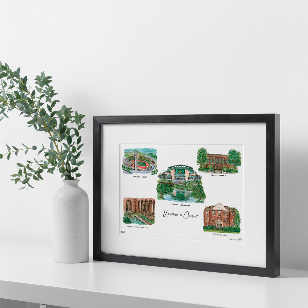 University of Oregon, Framed Collage Watercolor Wall Art 16" x 20" by Laura Wilcox
