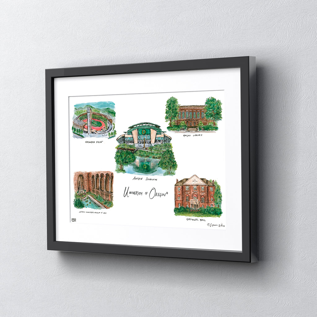 University of Oregon, Framed Collage Watercolor Wall Art 16" x 20" by Laura Wilcox
