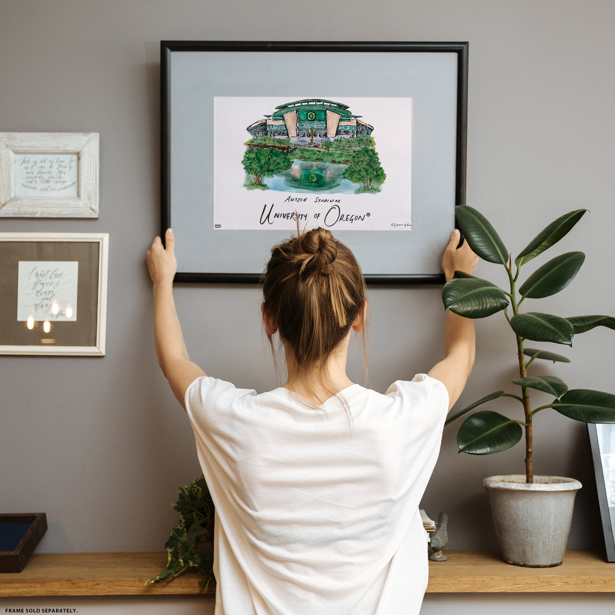 University of Oregon - Autzen Stadium, Framed Watercolor Wall Art 11" x 14" by Laura Wilcox