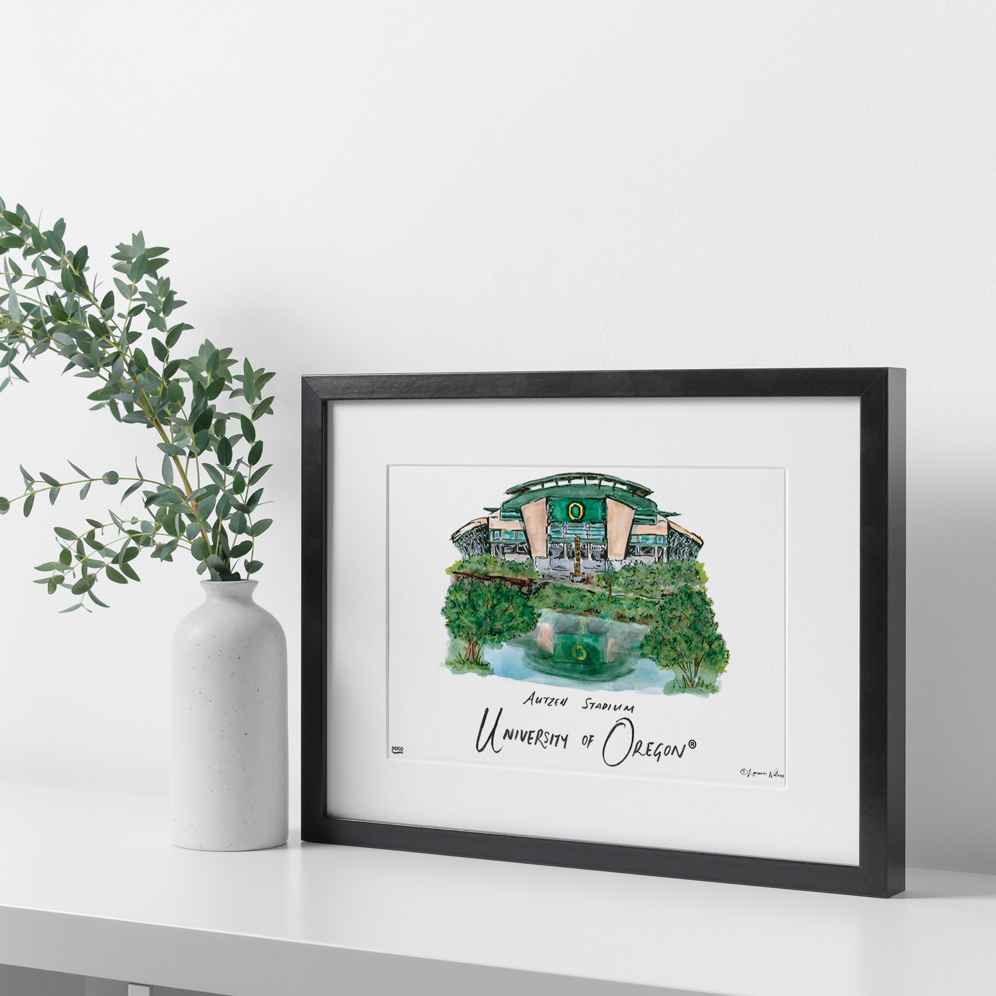 University of Oregon - Autzen Stadium, Framed Watercolor Wall Art 11" x 14" by Laura Wilcox