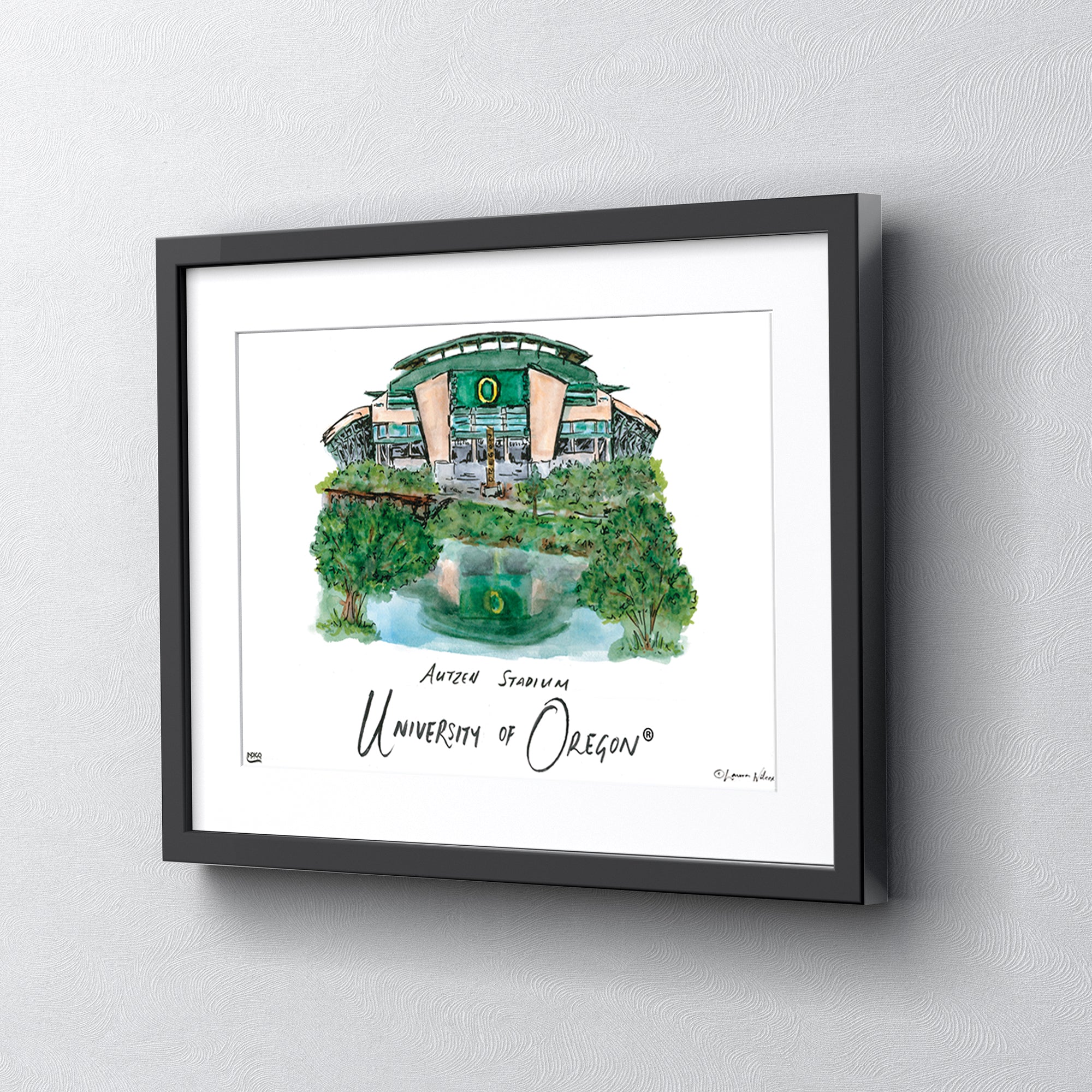 University of Oregon - Autzen Stadium, Framed Watercolor Wall Art 11" x 14" by Laura Wilcox