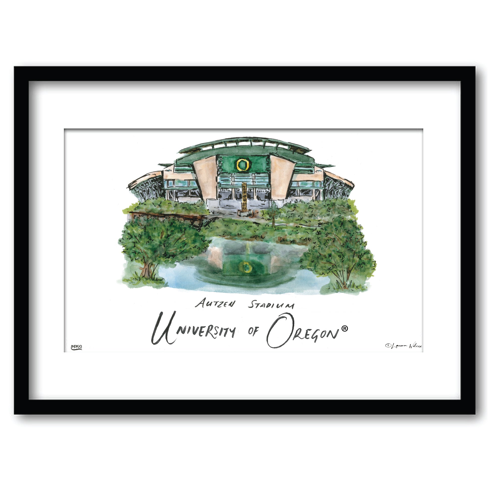 University of Oregon - Autzen Stadium, Framed Watercolor Wall Art 11" x 14" by Laura Wilcox