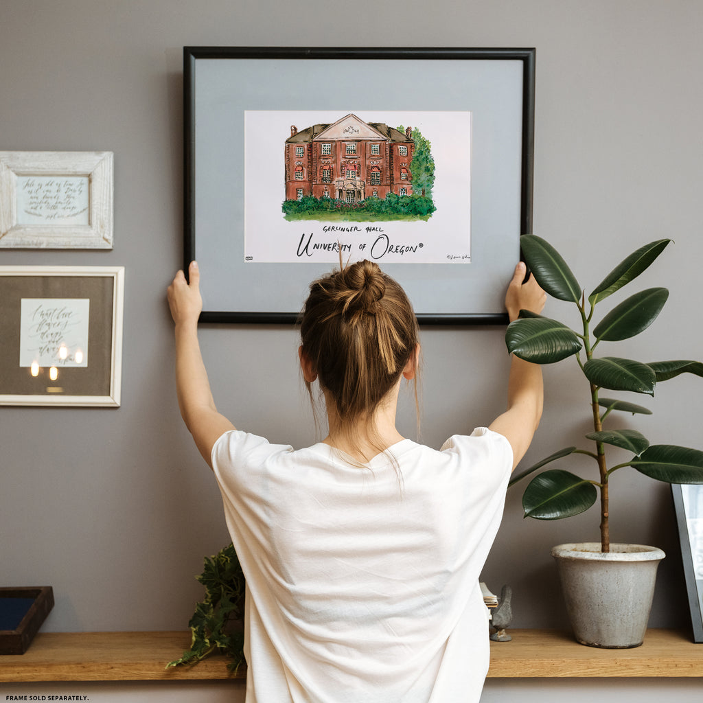 University of Oregon - Gerlinger Hall, Framed Watercolor Wall Art 11" x 14" by Laura Wilcox