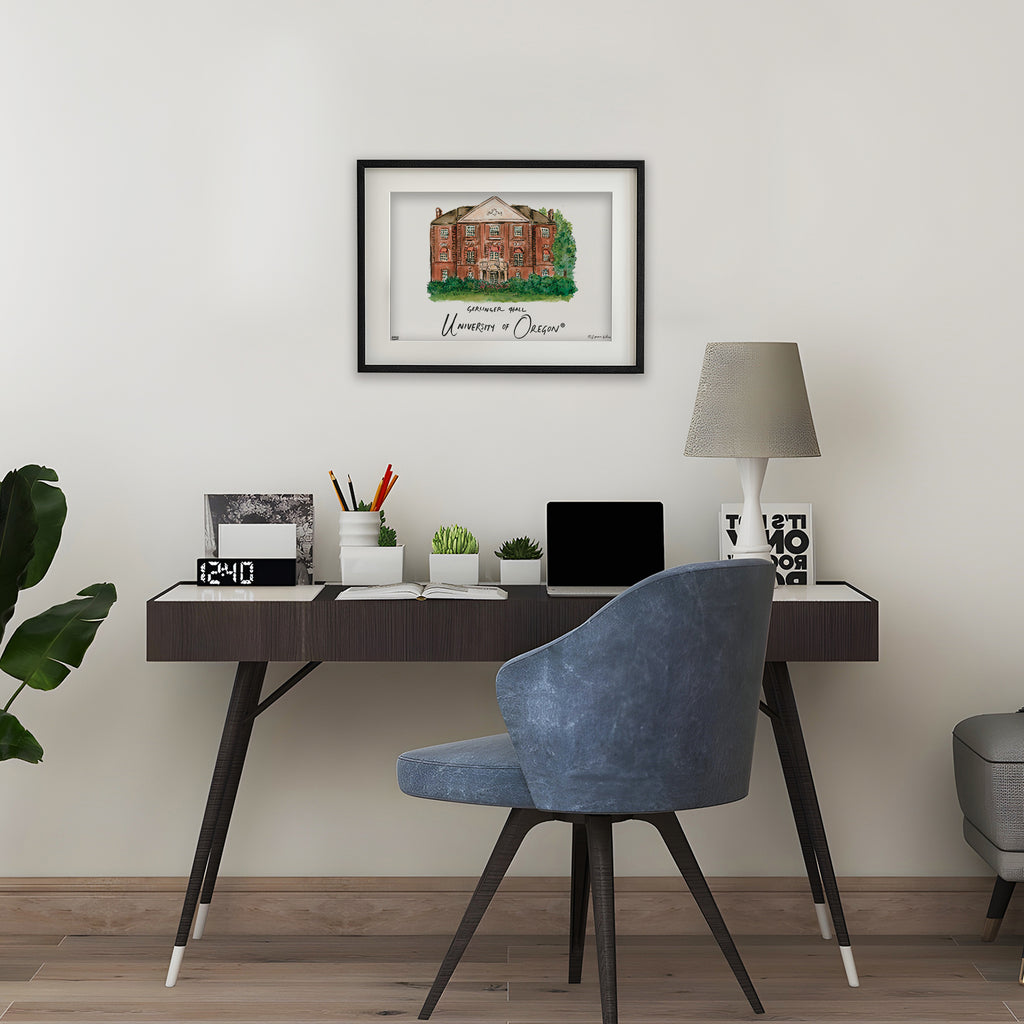 University of Oregon - Gerlinger Hall, Framed Watercolor Wall Art 11" x 14" by Laura Wilcox