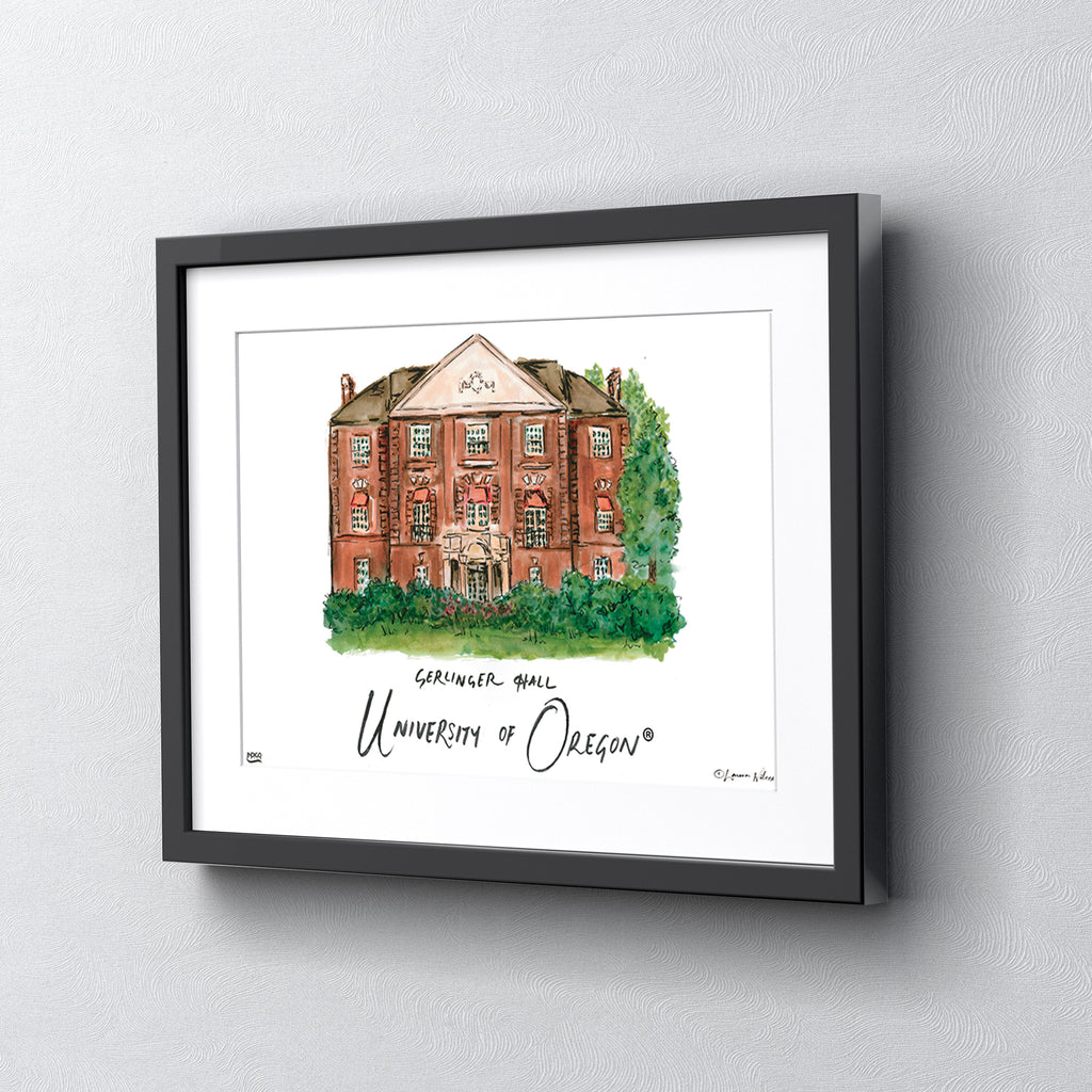 University of Oregon - Gerlinger Hall, Framed Watercolor Wall Art 11" x 14" by Laura Wilcox