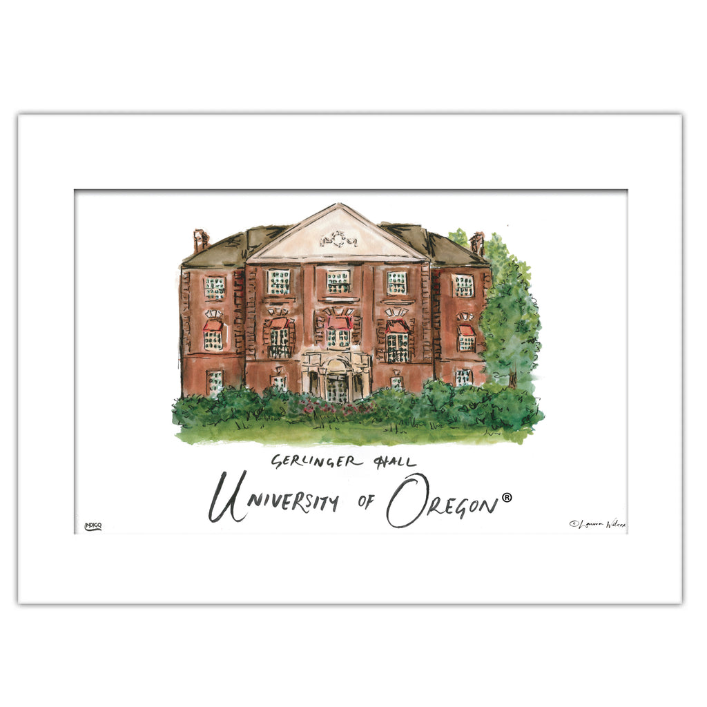 University of Oregon - Gerlinger Hall, Matted Watercolor Wall Art 11" x 14" by Laura Wilcox