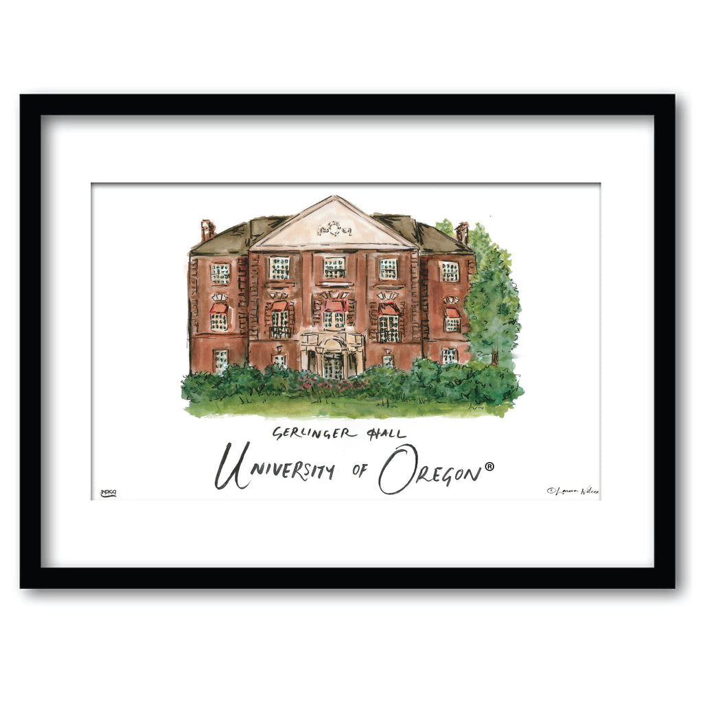 University of Oregon - Gerlinger Hall, Framed Watercolor Wall Art 11" x 14" by Laura Wilcox