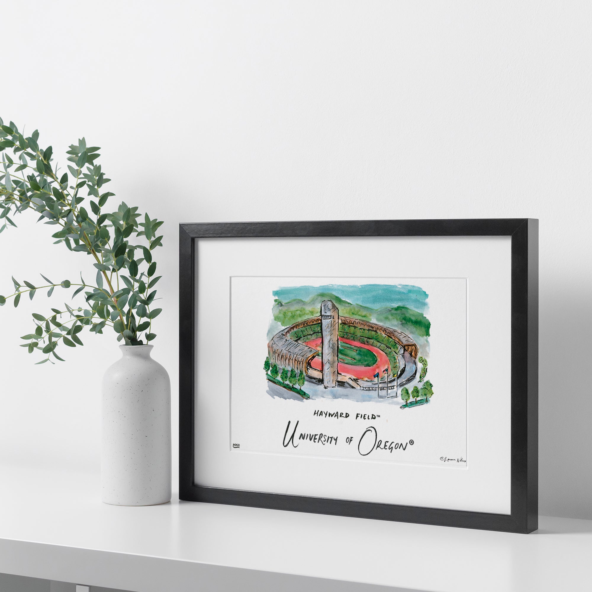 University of Oregon - Hayward Field, Matted Watercolor Wall Art 16" x 20" by Laura Wilcox