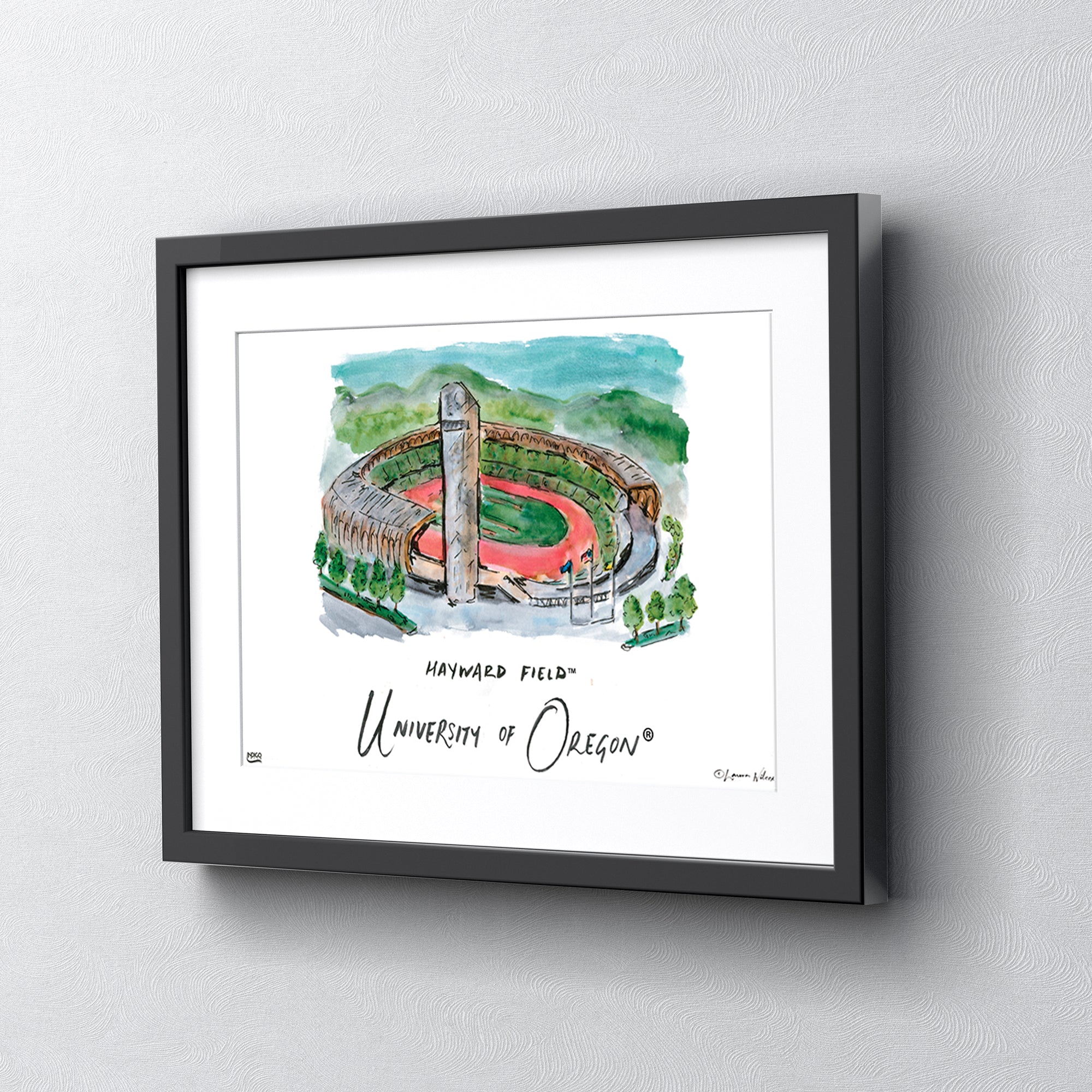 University of Oregon - Hayward Field, Matted Watercolor Wall Art 16" x 20" by Laura Wilcox