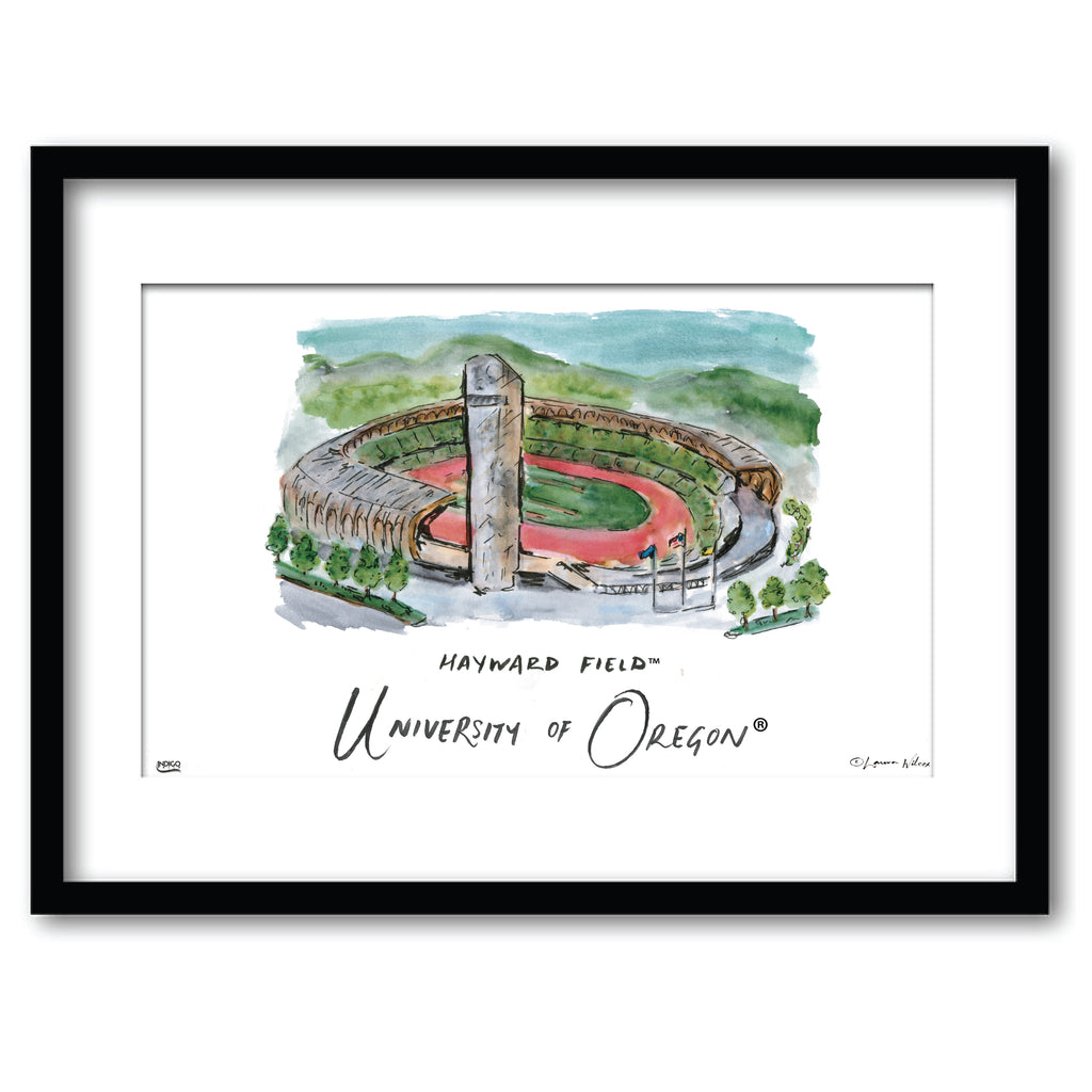 University of Oregon - Hayward Field, Framed Watercolor Wall Art 11" x 14" by Laura Wilcox