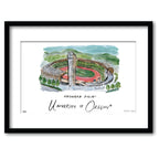 University of Oregon - Hayward Field, Framed Watercolor Wall Art 11" x 14" by Laura Wilcox