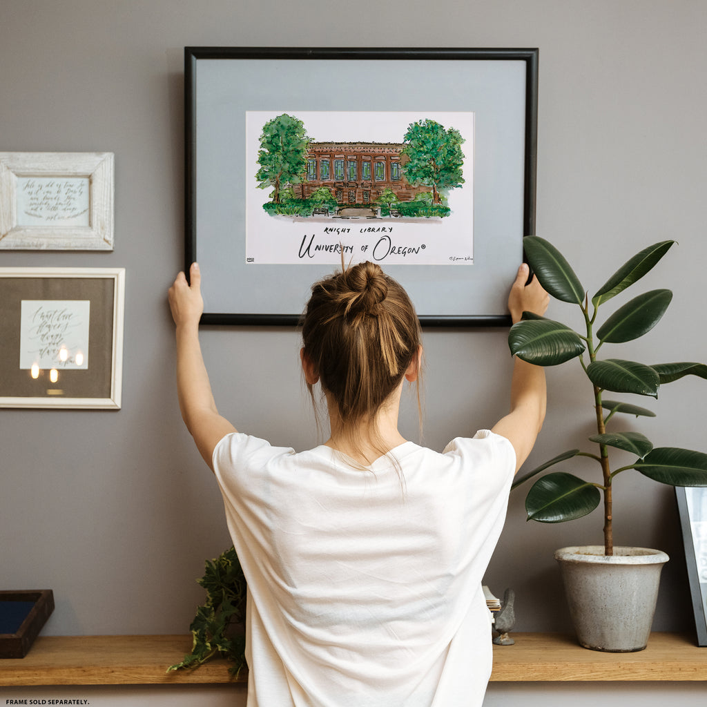 University of Oregon - Knight Library, Framed Watercolor Wall Art 16" x 20" by Laura Wilcox