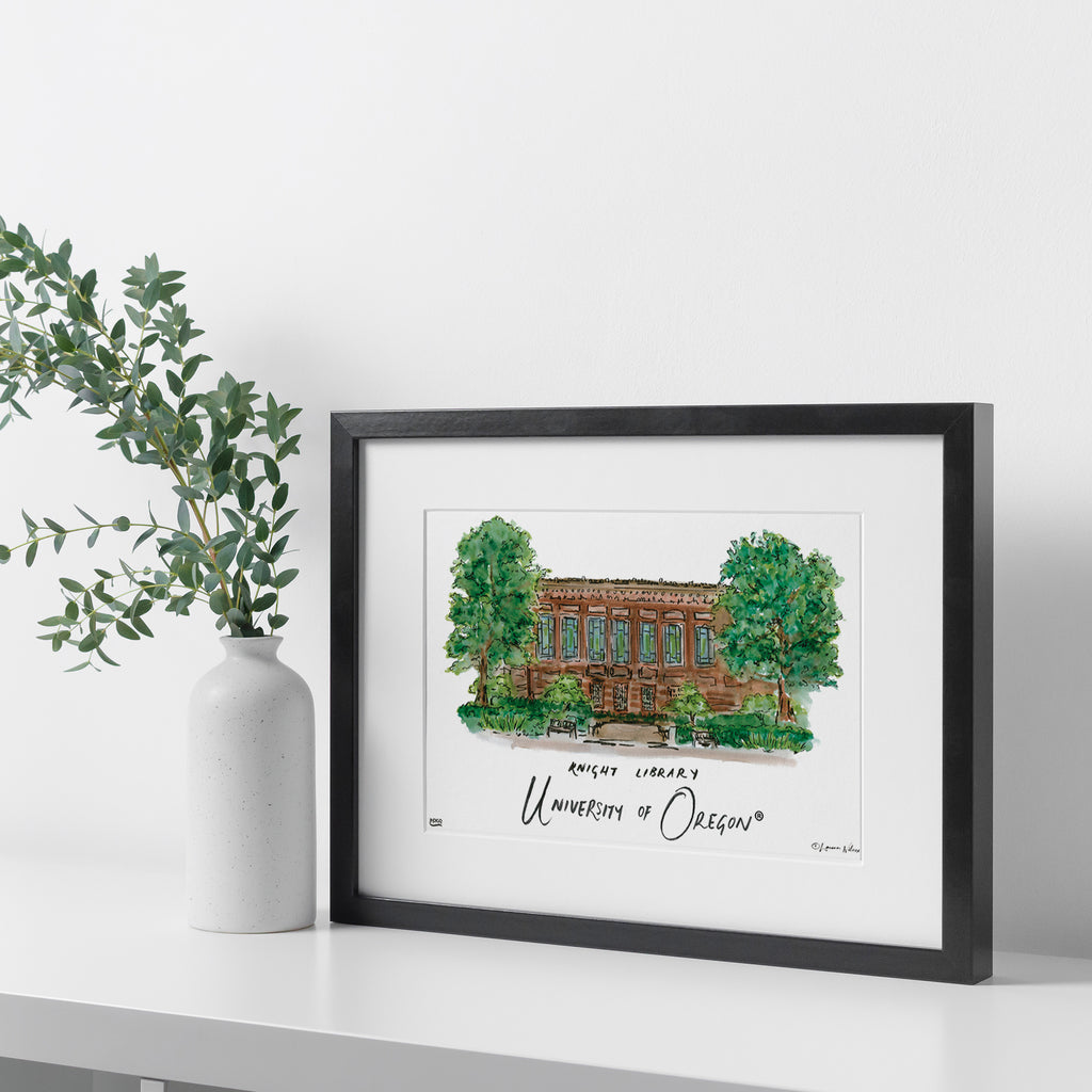 University of Oregon - Knight Library, Framed Watercolor Wall Art 16" x 20" by Laura Wilcox