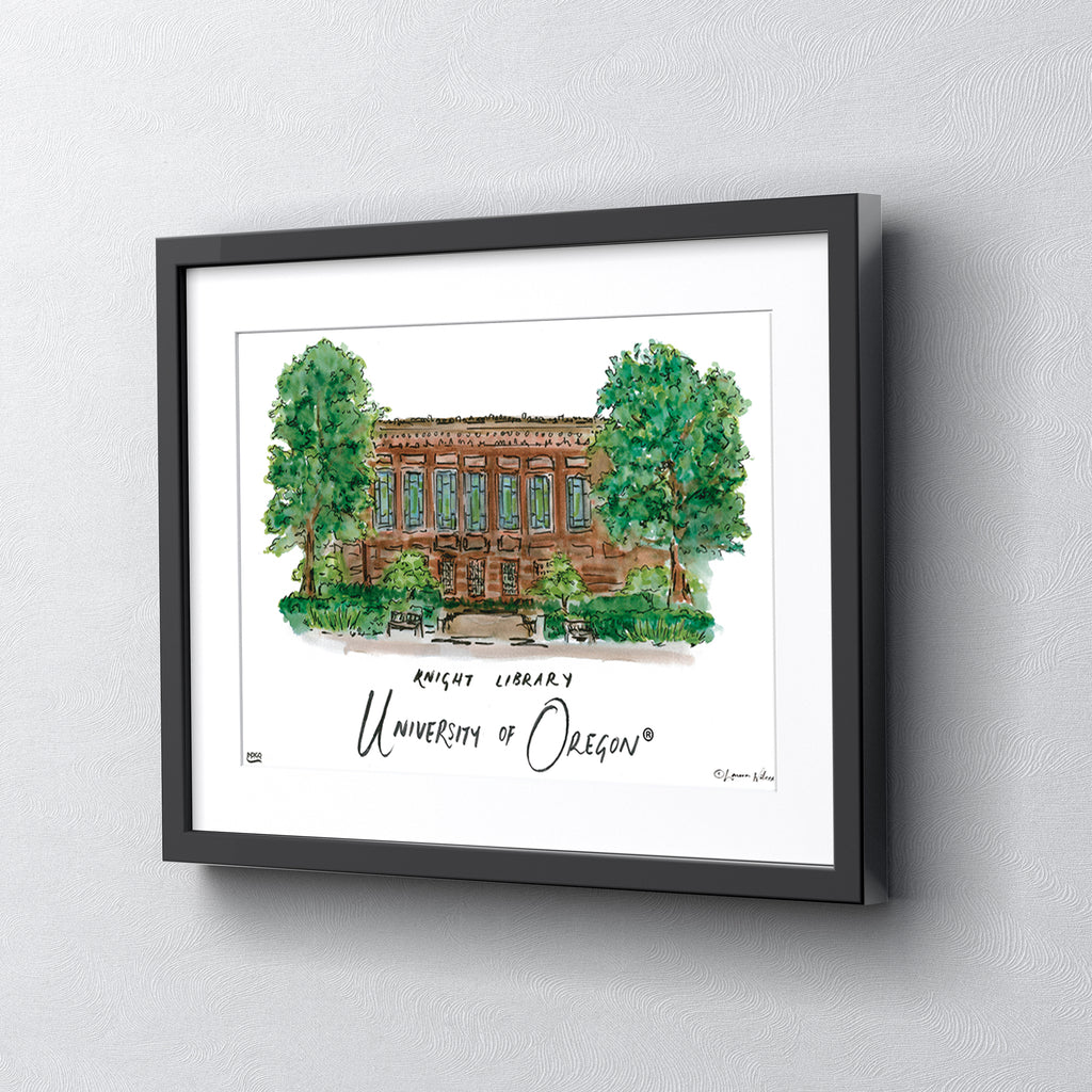 University of Oregon - Knight Library, Framed Watercolor Wall Art 16" x 20" by Laura Wilcox