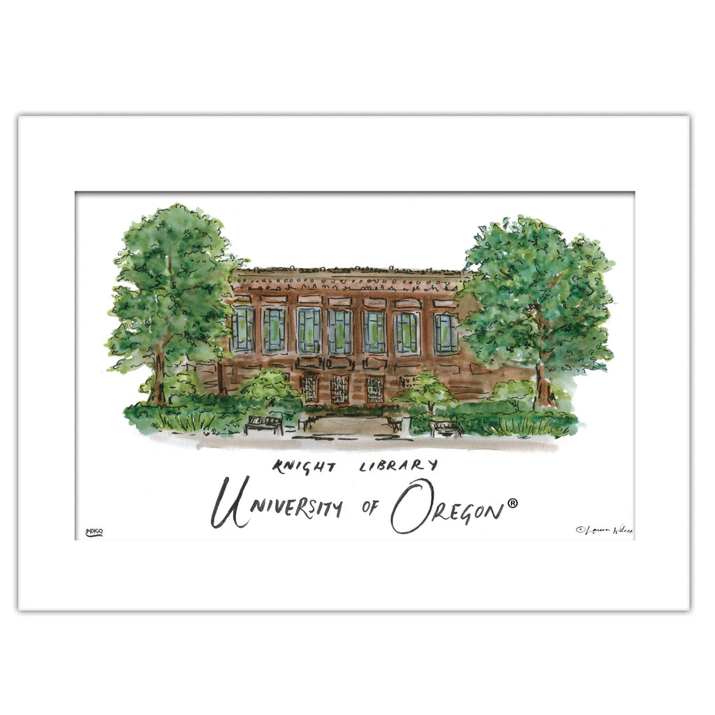 University of Oregon - Knight Library, Matted Watercolor Wall Art 11" x 14" by Laura Wilcox