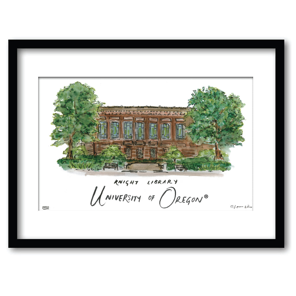 University of Oregon - Knight Library, Framed Watercolor Wall Art 16" x 20" by Laura Wilcox