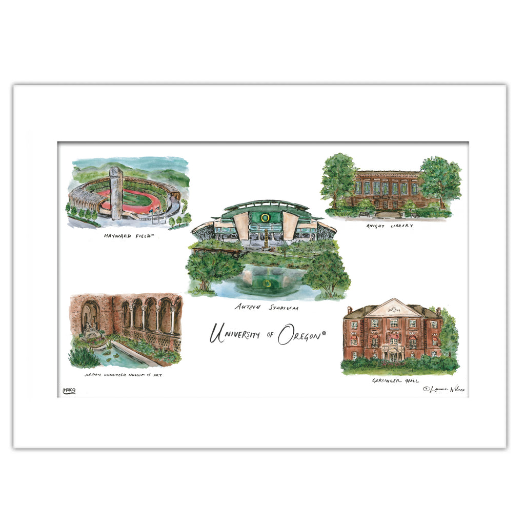 University of Oregon, Matted Collage Watercolor Wall Art 11" x 14" by Laura Wilcox