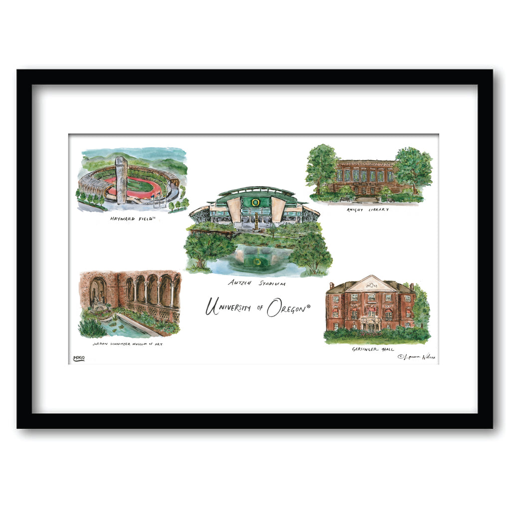 University of Oregon, Framed Collage Watercolor Wall Art 16" x 20" by Laura Wilcox