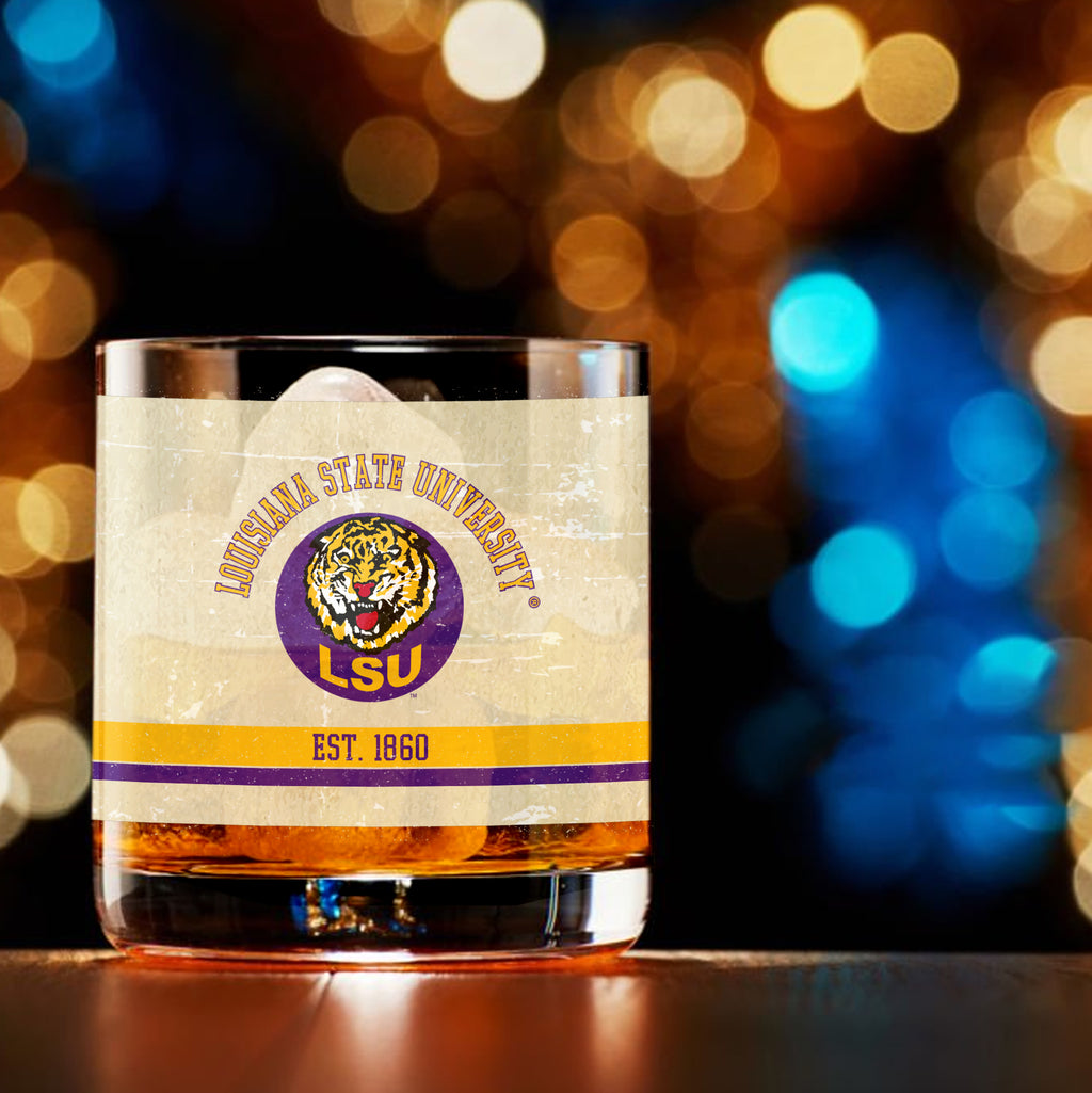 LSU Set of 2 College Vault Tan Retro 14oz Rocks Glasses