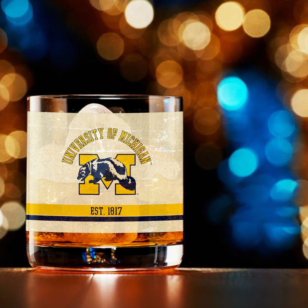 Michigan Wolverines Set of 2 College Vault Tan Retro 14oz Rocks Glasses
