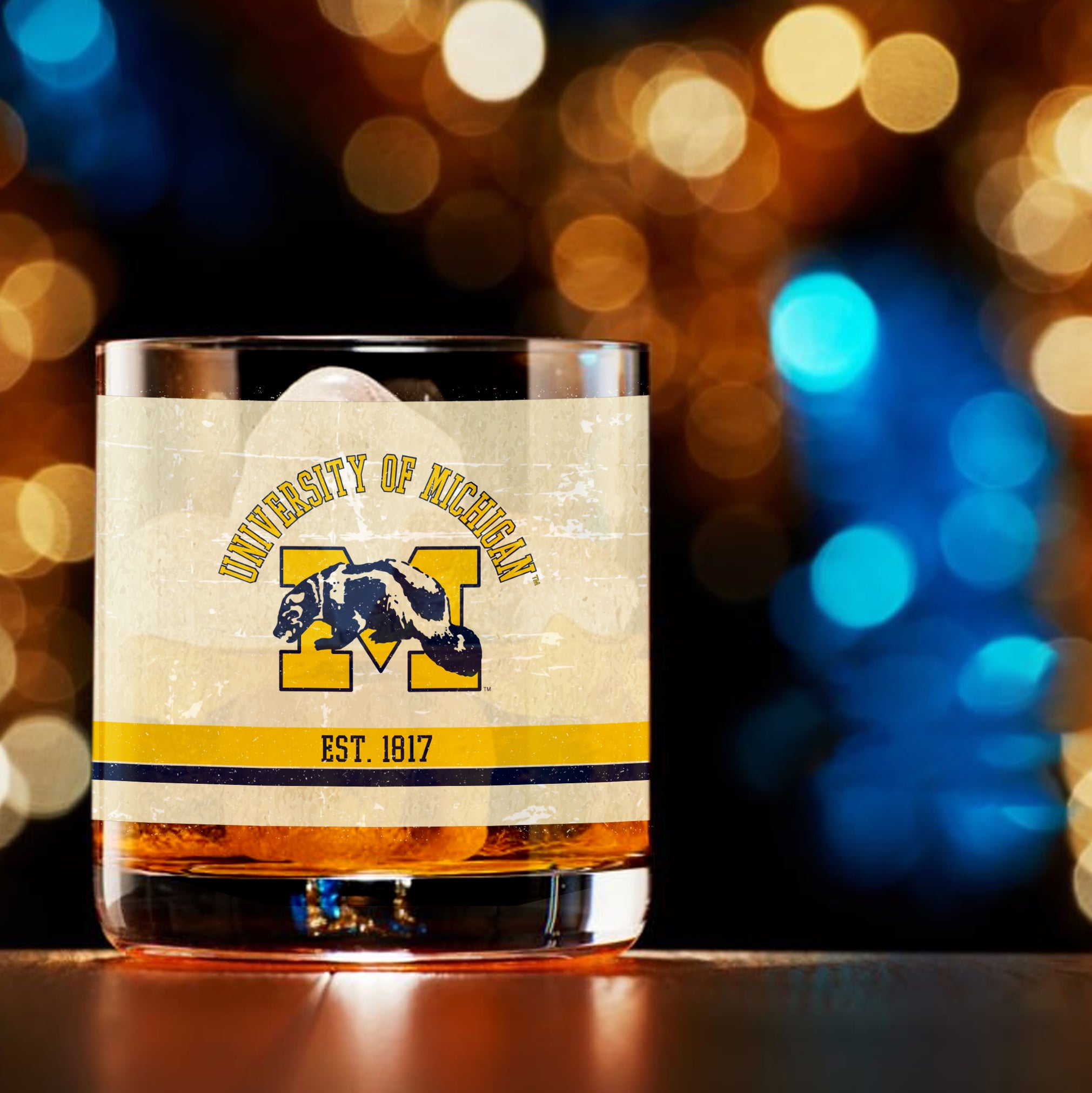 Michigan Wolverines Set of 2 College Vault Tan Retro 14oz Rocks Glasses