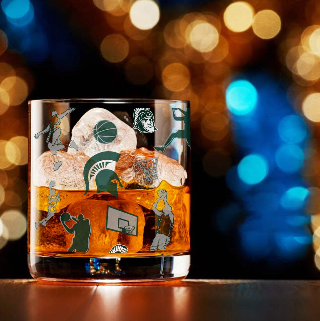 Set of 2 Michigan State Spartans Basketball Sketch 14oz Rocks Glasses