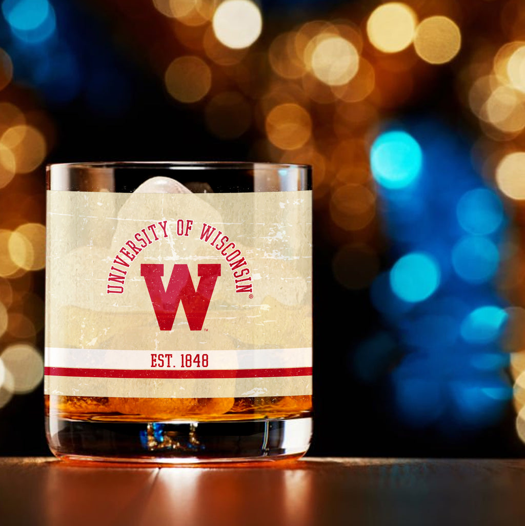 Set of 4 Wisconsin Badgers College Vault Tan Retro 14oz Rocks Glasses