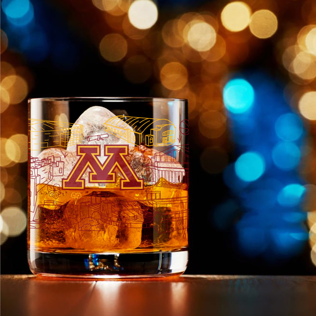 Set of 2 Minnesota Golden Gophers Campus Line Art 14oz Rocks Glasses