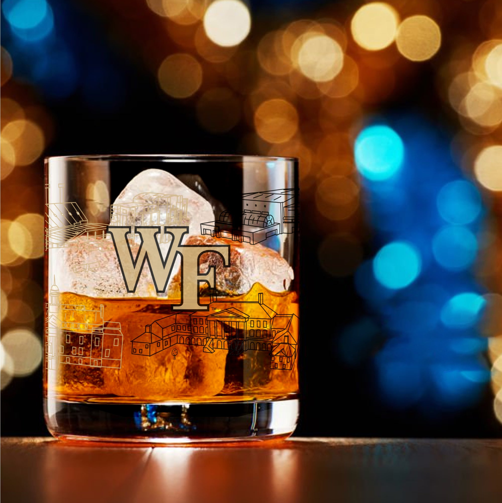 Set of 2 Wake Forest Demon Deacons Campus Line Art 14oz Rocks Glasses