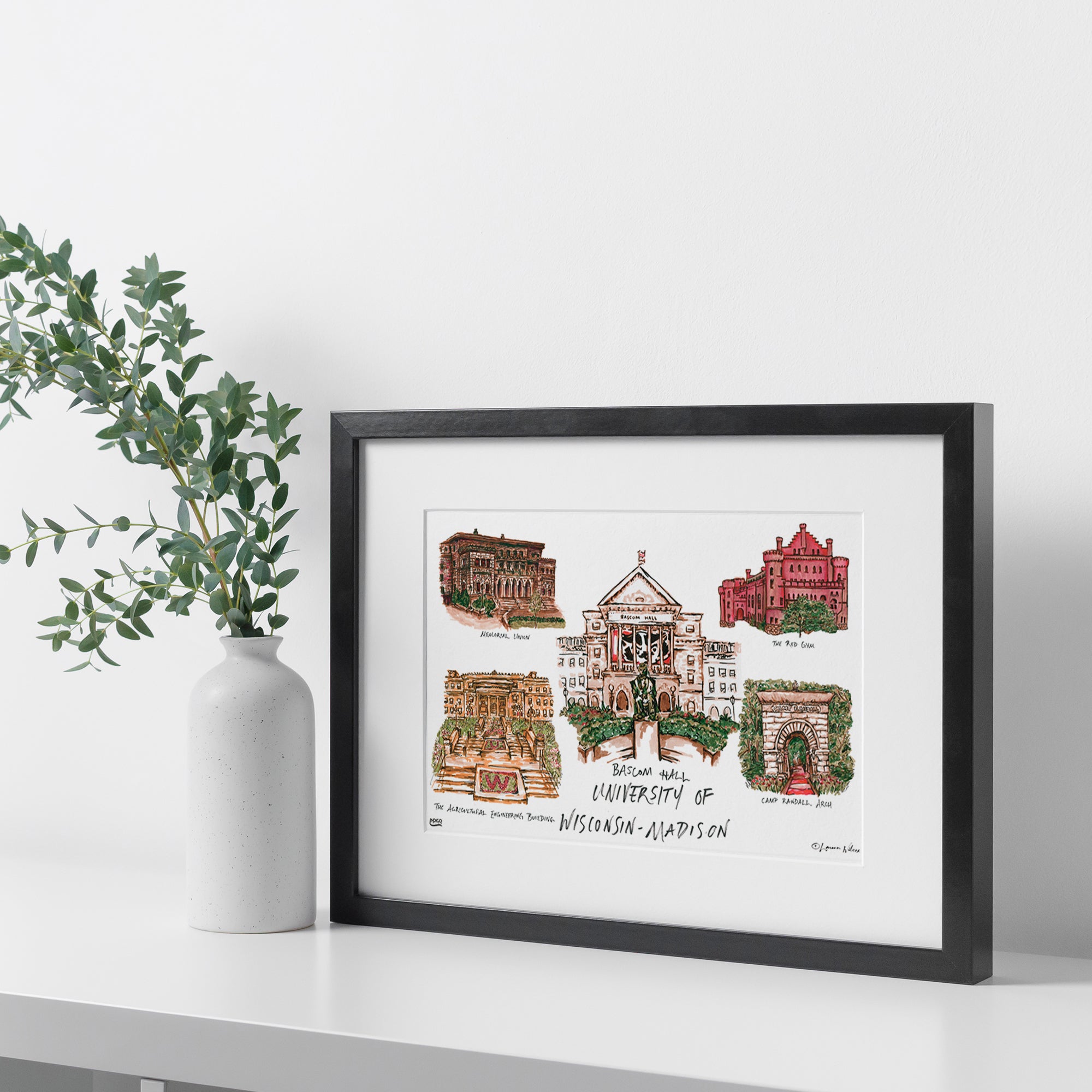 University of Wisconsin-Madison, Framed Collage Watercolor Wall Art 16" x 20" by Laura Wilcox